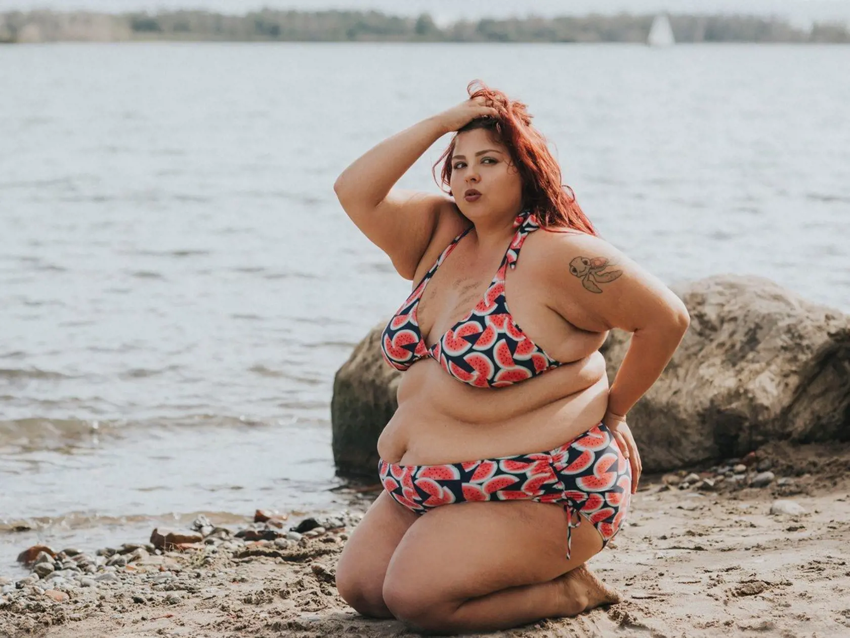 *** EXCLUSIVE - VIDEO AVAILABLE ***    CHERRY BEACH, TORONTO - 9 OCTOBER: Plus Size Body Activist Jewelz Mazzei modelling on the beach in a watermelon bikini, Cherry Beach, Toronto, 9 October 2017.    A PLUS-SIZE Model claims she has '99 problems, but being fat, ain't one.? Julianna Mazzei, AKA Jewelz is confident, humorous and sassy, and has no shame when it comes to posing with little clothing and talking to her thousands of social media followers about ?fat problems.? The 25-year-old from Tor