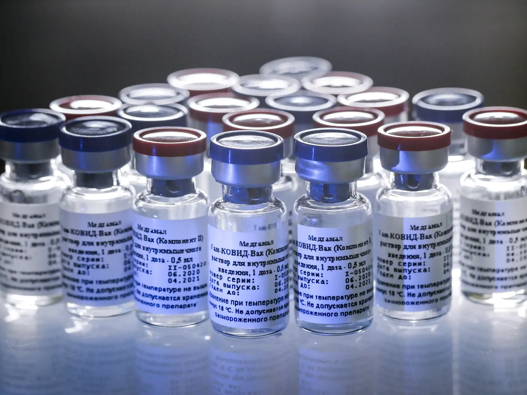 KK21 Moskva - Na snímke zo 6. augusta 2020 ampulky s novou vakcínou v ústave epidemiologického a mikrobiologického výskumu Nikolaja Gamaleja v Moskve. Ruský prezident Vladimir Putin v utorok 11. augusta 2020 uviedol, že v Rusku zaregistrovali prvú vakcínu proti koronavírusu SARS-CoV-2. Informovala o tom agentúra AFP. FOTO TASR/AP
In this handout photo taken on Thursday, Aug. 6, 2020, and provided by Russian Direct Investment Fund, a new vaccine is on display at the Nikolai Gamaleya National Cent