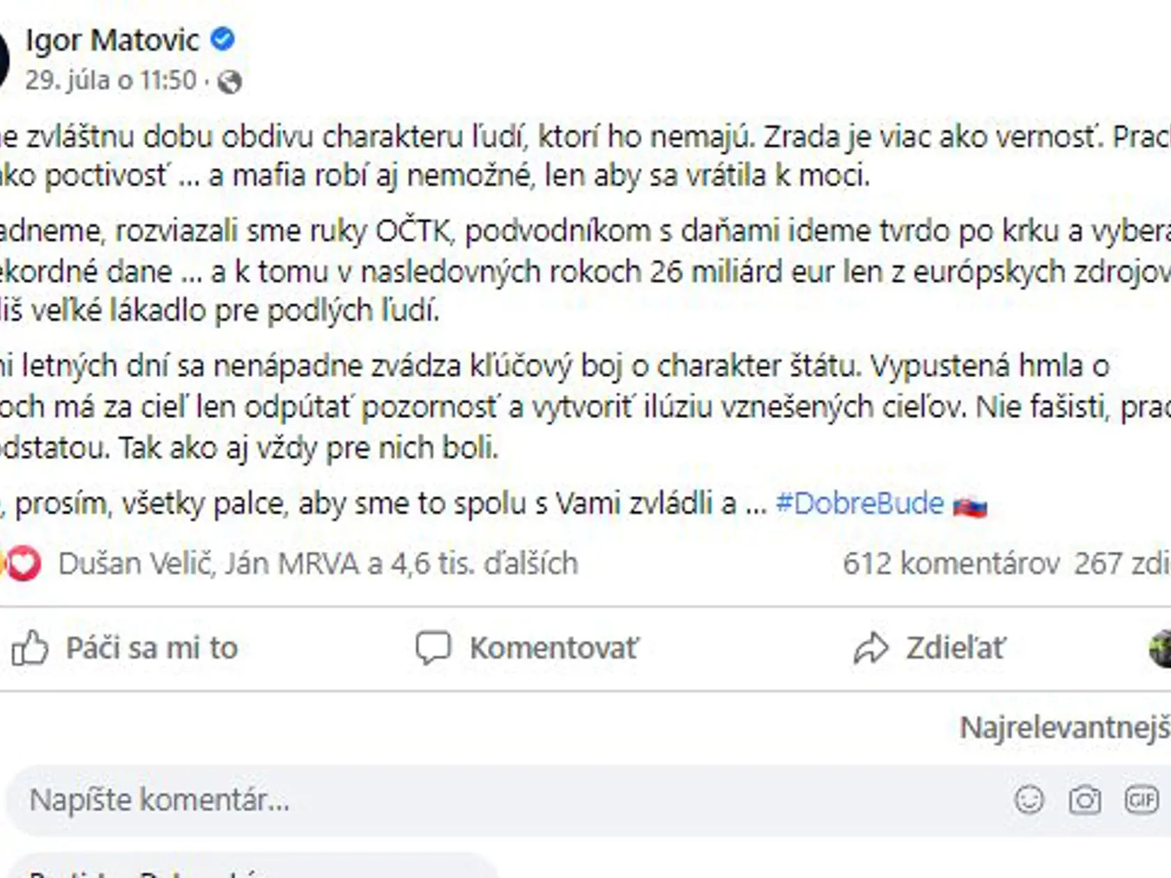 Status Igora Matoviča, ktorým reagoval na odchod Juraja Krúpu z klubu OĽANO do klubu SaS.