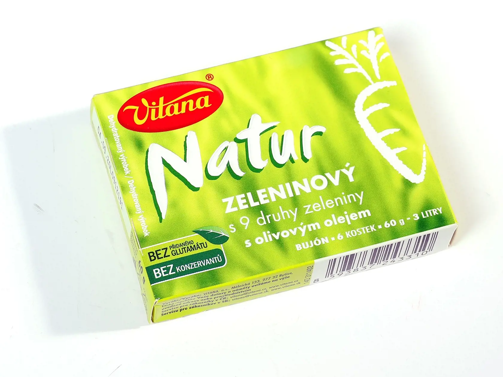 Top! Víťaz - Natur zeleninový
Vitana, 6 x 10 g
Krajina pôvodu/ Česko
Zloženie/ morská soľ 30 %, palmový tuk, škrob, kvasnicový výťažok, prírodné arómy (zeleninová, cibuľová), sušená zelenina 9,1 % (mrkva, cibuľa, pór, paštrnák, karfiol, ligurček koreň, zelerové semienko, brokolica, zelerová a petržlenová vňať), olivový olej 1 %, rastlinná vláknina, zmes korenín (kurkuma, čierne korenie)
Energia v 100 ml bujónu/ 32,8 kJ Soľ/ 0,6 g 
Redakcia hodnotí: Zlatistý bujón s olivovým olejom a morskou
