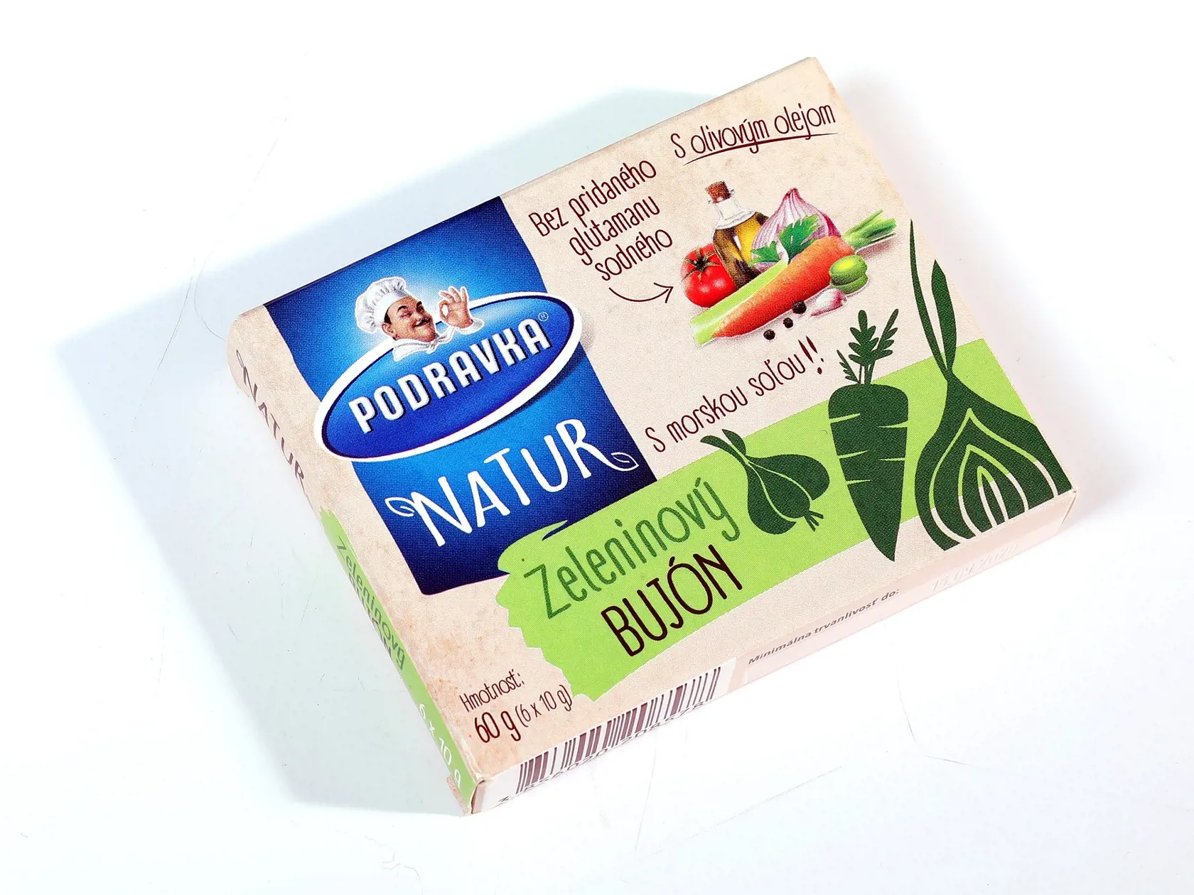 Zeleninový bujón Natur
Podravka, 6 x 10 g
Krajina pôvodu/ Chorvátsko
Zloženie/ jedlá morská soľ 40 %, palmový tuk, cukor, sušená zelenina 8,9 % (cibuľa, mrkva, zeler, pór, rajčina, cesnak), kvasnicové extrakty, kukuričný škrob, soľ, olivový olej 0,5 %, koreniny, ligurček, petržlenová vňať, čierne korenie, prírodné arómy, karamelizovaný cukor, maltodextrín
Energia v 100 ml bujónu/ 26 kJ Soľ/ 0,86 g 
Redakcia hodnotí: Najtmavší vývar s morskou soľou a olivovým olejom má vysoký podiel zeleniny