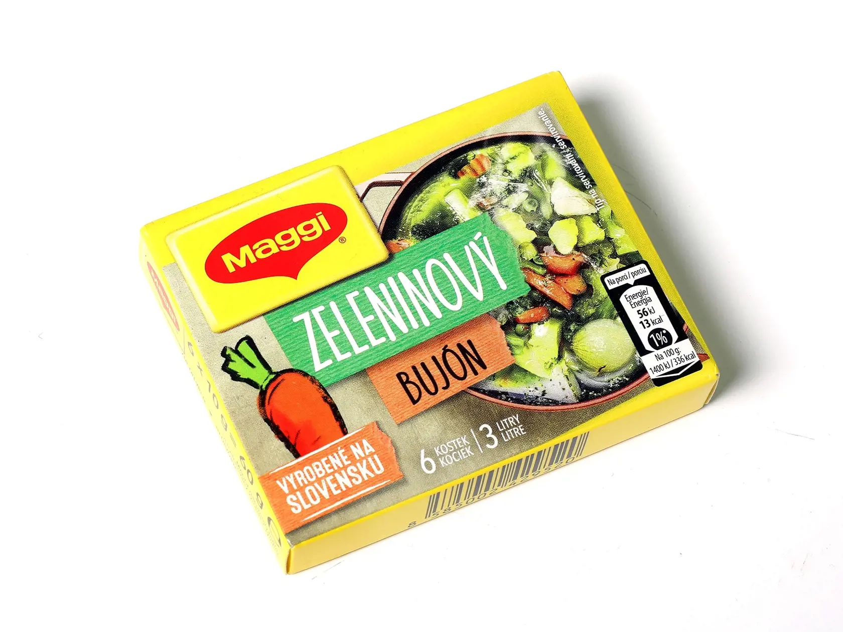 Zeleninový bujón
Maggi, 6 x 10 g
Krajina pôvodu/ Slovensko
Zloženie/ jedlá soľ, palmový tuk, kukuričný škrob, maltodextrín, zvýrazňovače chuti: glutaman sodný, 5´-ribonukleotid disodný; cukor, sušená mletá zelenina 3,5 % (mrkva, cibuľa, zeler, pór, rajčiny, špenát), slnečnicový olej, arómy, sušená petržlenová vňať, koreniny (čierne korenie, kurkuma), sušený cesnak, farbivá: obyčajný karamel, riboflavíny; antioxidant: extrakty z rozmarínu; jodičnan draselný 
Energia v 100 ml bujónu/ 28 kJ Soľ
