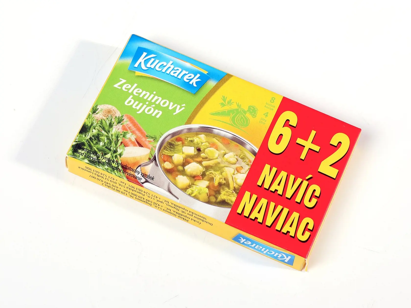 Zeleninový bujón
Kucharek, 8 x 10 g
Krajina pôvodu/ Česko
Zloženie/ jedlá soľ, palmový tuk, zvýrazňovače chuti: glutaman sodný, 5´-ribonukleotidy disodné; sušená zelenina 6,4 % (cibuľa, mrkva, zeler koreň i list, ligurček); škrob, cukor, kurkuma, aróma, kvasnicový extrakt, regulátor kyslosti: kyselina citrónová; farbivo: amoniakový karamel 
Energia v 100 ml bujónu/ 19 kJ Soľ/ 1,1 g 
Redakcia hodnotí: Najslanší a najmastnejší vývar má okrovú farbu a vôňu tekutého korenia do polievky. Ťažšie 