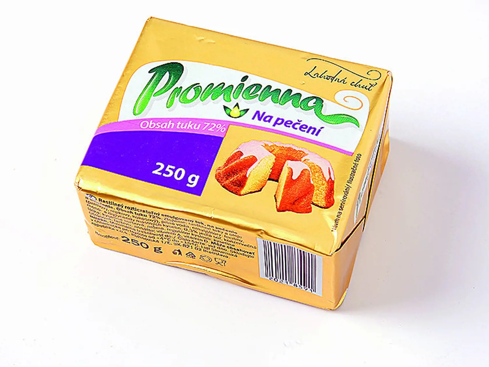 Promienna na pečenie
250 g
Predáva/ Lidl Krajina pôvodu/ neuvedená Obsah tuku/ 72 %
Zloženie/ rastlinné oleje (palmový, repkový a kokosový), pitná voda, emulgátory (lecitín, mono- a diglyceridy mastných kyselín), jedlá soľ 0,3 %, konzervant: kyselina sorbová, aróma, regulátor kyslosti: kyselina citrónová, farbivo: annatto; vitamíny A a D
Energia v 100 g/ 2 664 kJ
Redakcia hodnotí: Žltkastou farbou a maslovou vôňou pripomína kravské maslo. Konzistencia je zdanlivo tuhšia, ale pri izbovej tep
