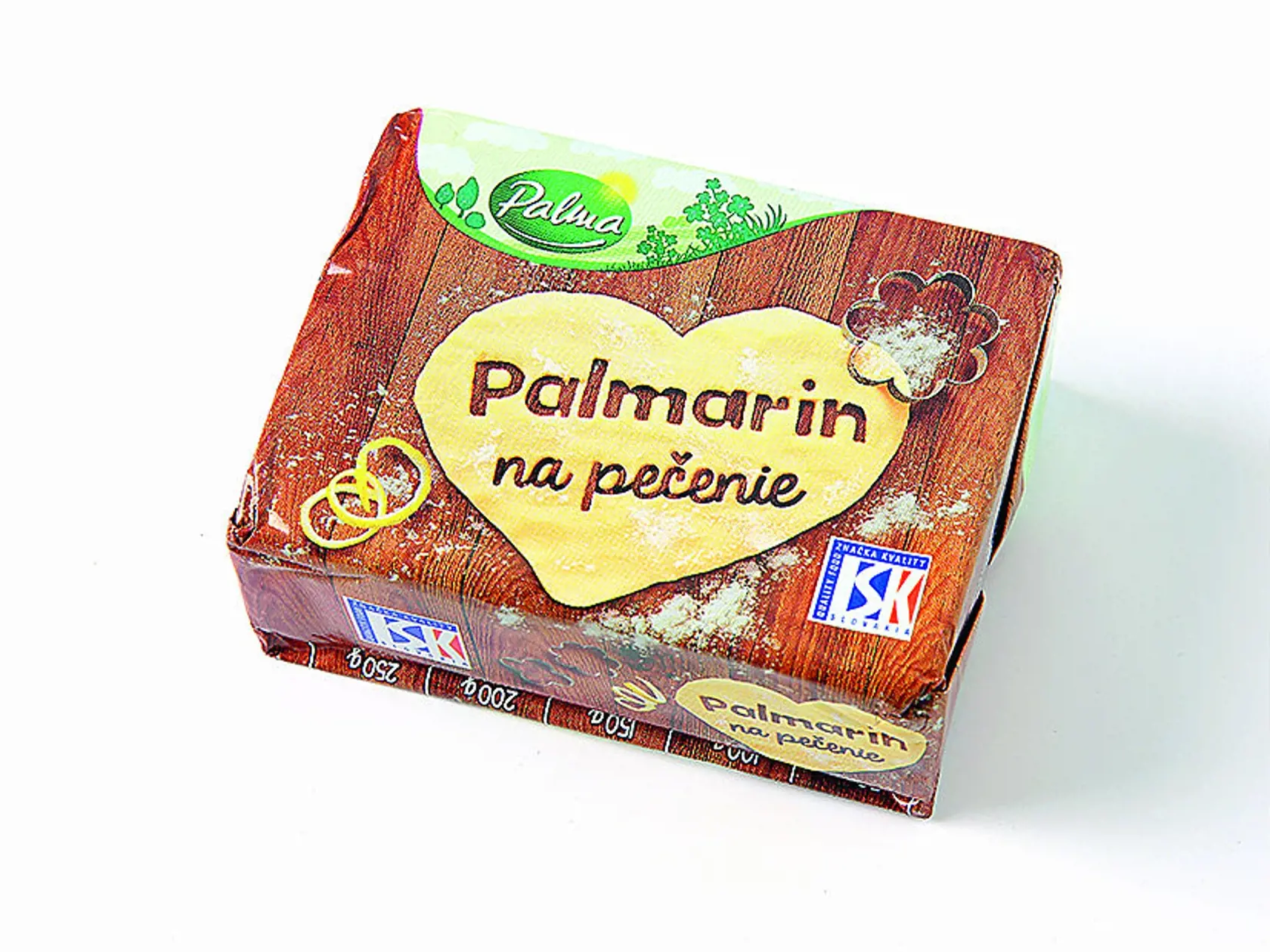 Palmarin na pečenie
Palma, 250 g
Krajina pôvodu/ Slovensko Obsah tuku/ 75 %
Zloženie/ rastlinné tuky a oleje (palmový, repkový), voda, emulgátory (polyglycerolové estery mastných kyselín, mono- a diglyceridy mastných kyselín a slnečnicový lecitín), jedlá soľ 0,25 %, konzervačná látka: kyselina sorbová, maslová aróma, regulátory kyslosti: kyselina citrónová a kyselina mliečna, farbivo: karotény
Energia v 100 g/ 2 775 kJ
Redakcia hodnotí: Najsvetlejší a najmastnejší tuk má typickú vôňu margar