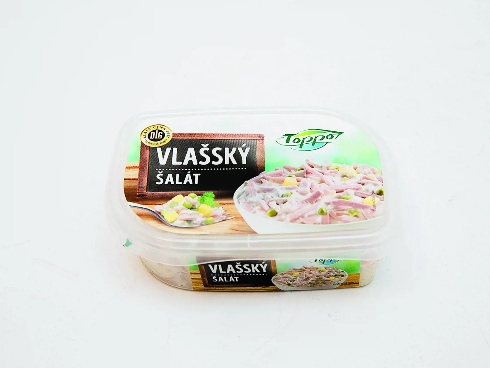 Vlašský šalát
Toppo, 150 g
Predáva/ Lidl Krajina pôvodu/ Česko
Zloženie/ saláma, majonéza, varené zemiaky, sterilizované uhorky, sterilizovaný hrášok, marinovaná cibuľa, horčica, koreniny
Energia v 100 g/ 1 212 kJ Bielkoviny/ 4,4 g Sacharidy/ 8,1 g Tuky/ 27 g Soľ/ 1,79 g
Redakcia hodnotí: Šalát s príjemnou kyslastou vôňou je hustý a trocha menej majonézový. V porovnaní s ostatnými tromi šalátmi je v ňom viac salámy a chýba v ňom mrkva, čo sa prejavuje aj na chuti – trocha pripomína parížsky