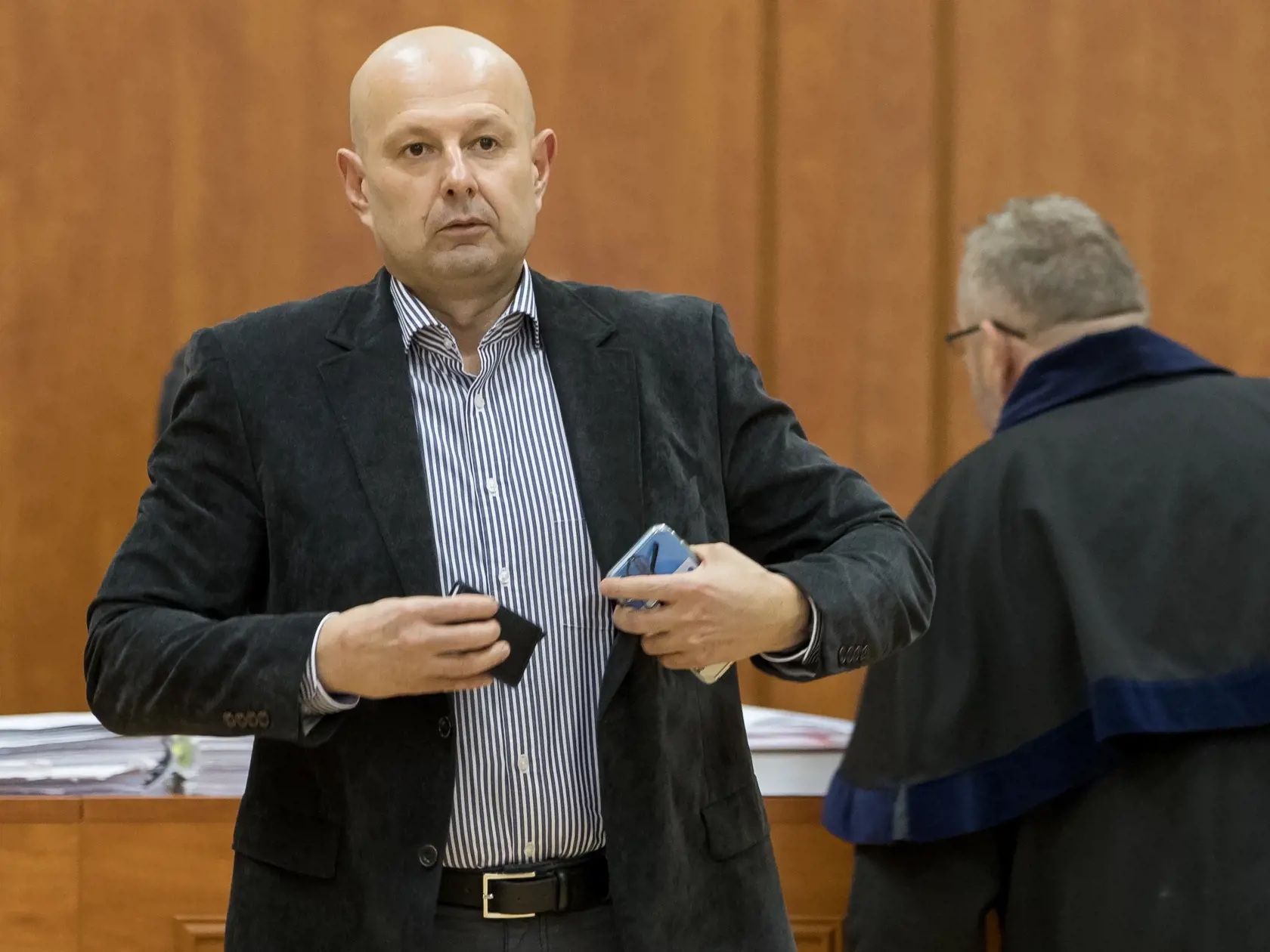 Šieste pojednávanie na Špecializovanom trestnom súde v Pezinku vo veci vraždy investigatívneho novinára Jána Kuciaka a jeho snúbenice Martiny Kušnírovej. Na snímke je svedok Miroslav Kriak po ukončení svojej výpovede.
