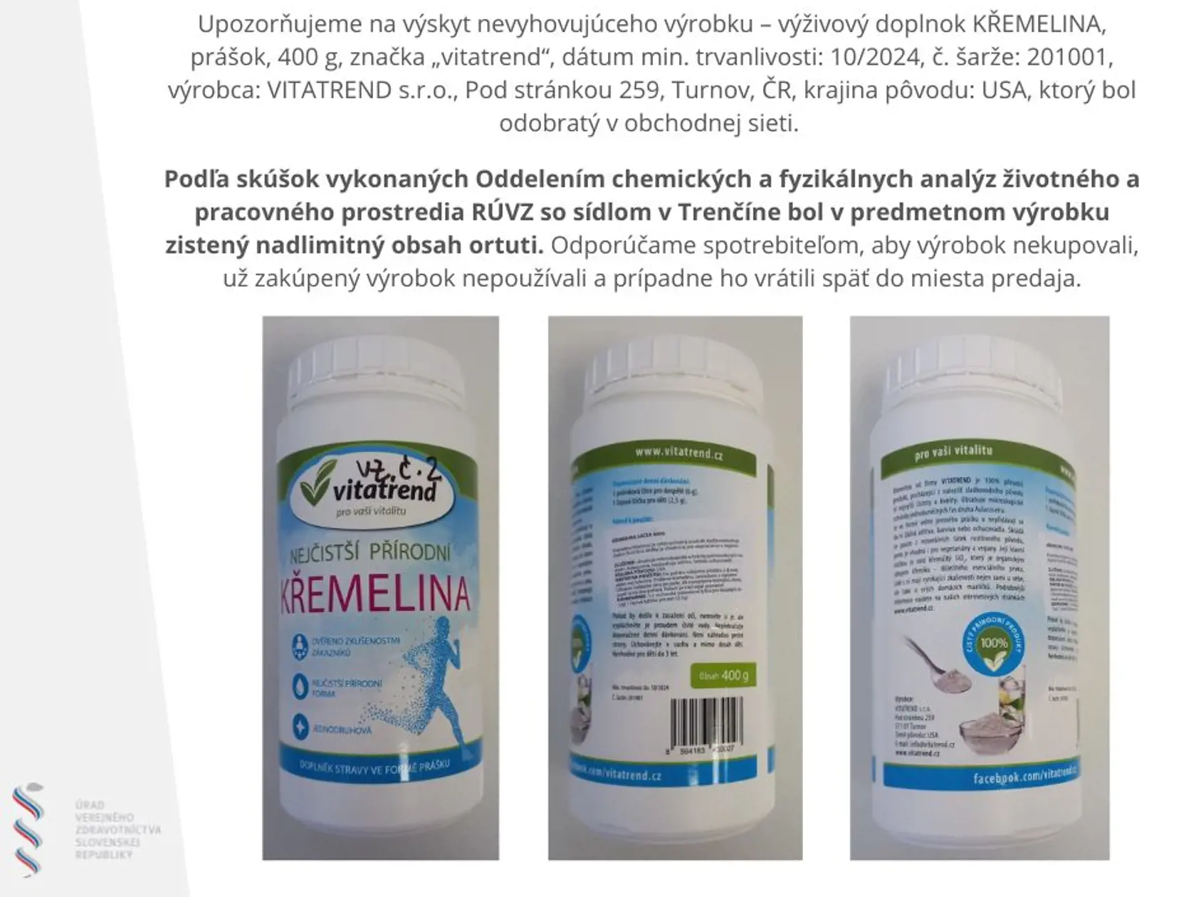 Vo výživovom doplnku sa našlo veľké množstvo ortute.