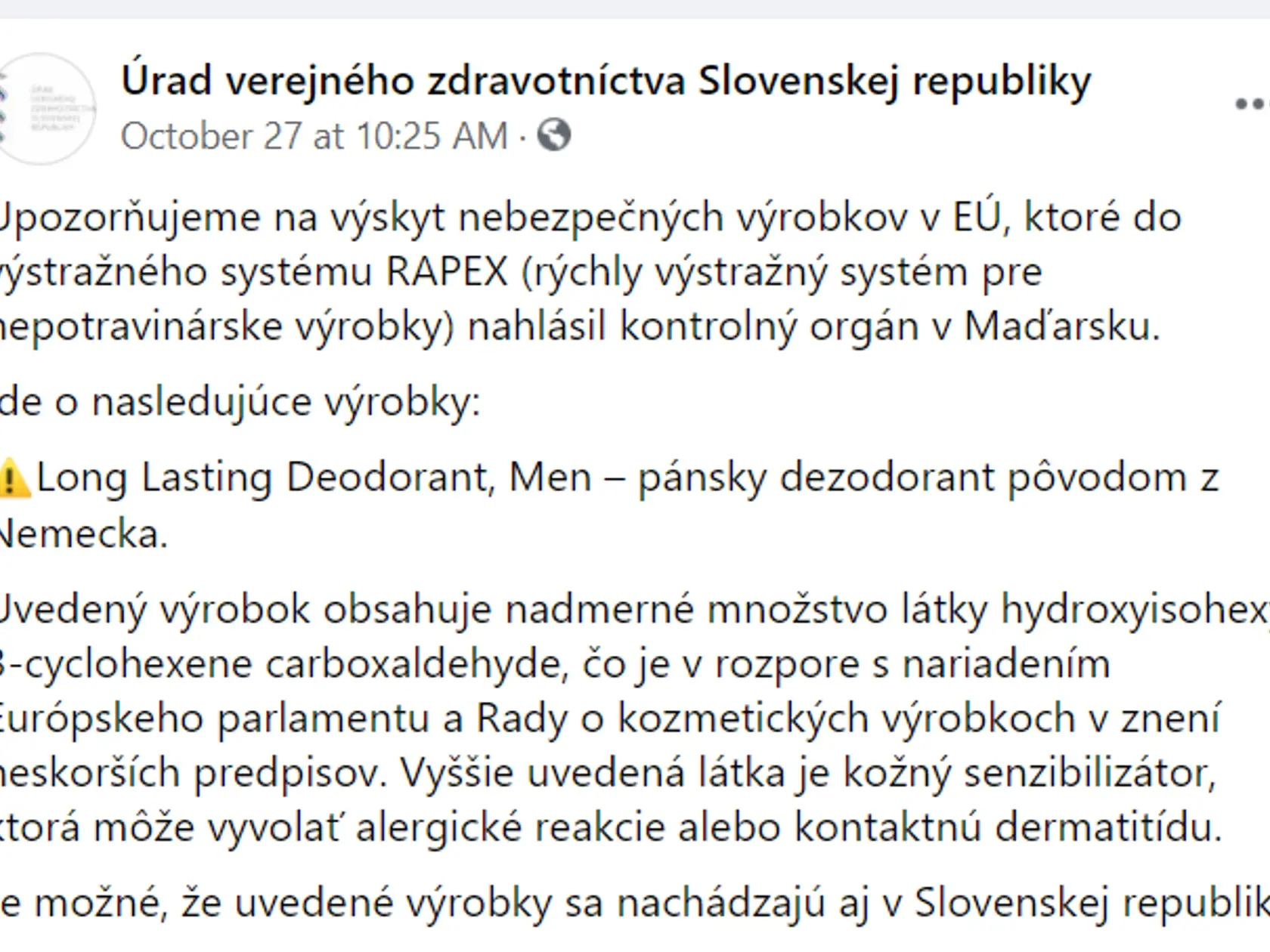 ÚVZ upozornil na nebezpečný výrobok aj na facebooku.