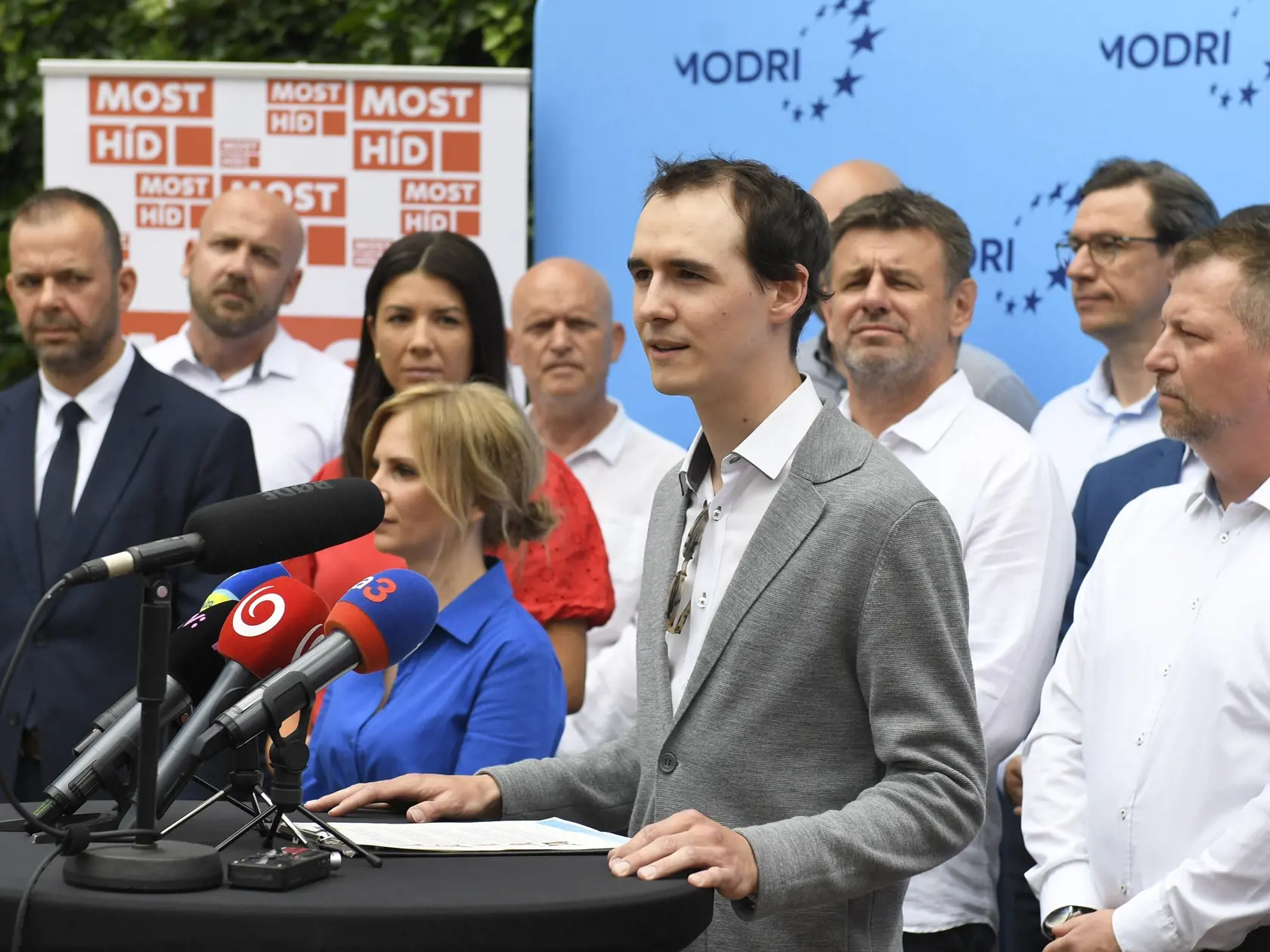 Predstavenie kandidátky a prvá etapa (aj bicyklovej) kampane strany Modrí, Most-Híd v Košiciach 30. júna 2023. Na snímke uprostred Tomáš Halgaš. FOTO TASR - František Iván