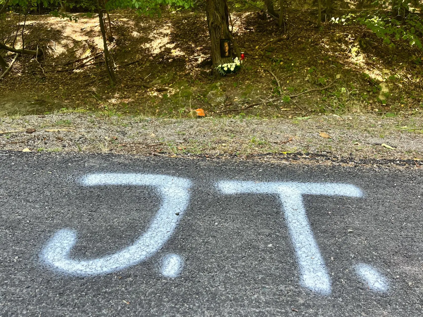 Iniciálky Jindra a v pozadí pri strome malý pomníček na mieste tragédie.