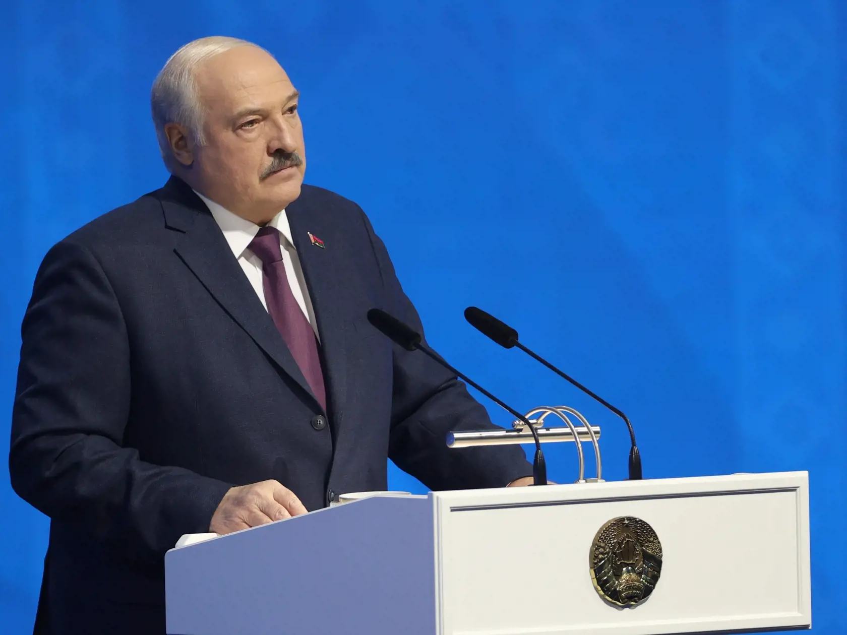 Bieloruský prezident Alexandr Lukašenko vystupuje s prejavom o stave krajiny v Minsku v piatok 31. marca 2023.