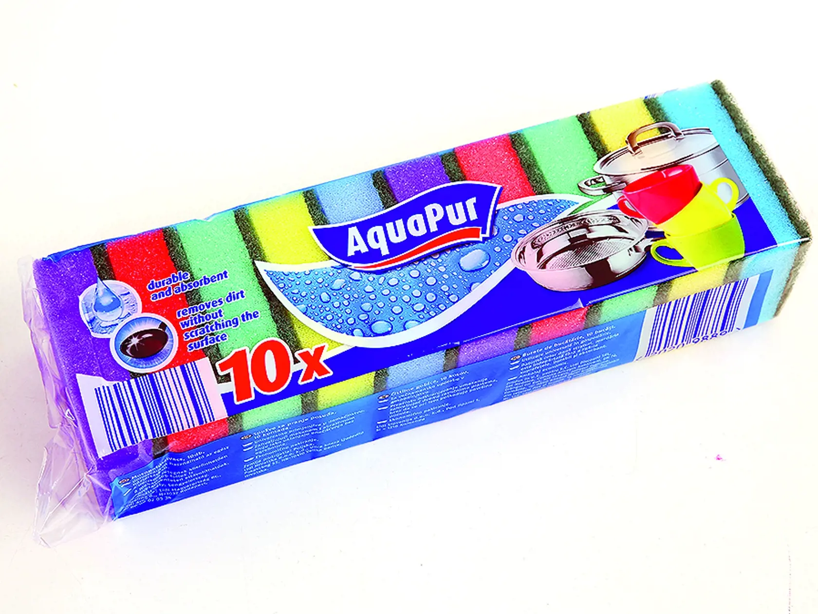 AquaPur
Lidl, 10 kusov
Cena za 1 kus/ 0,05 €
Klasická, veľmi malá, rôzne farby. Hubka je príliš malá a mäkká, stratí sa v ruke. Drsnejšia plocha vyčistí zaschnutú špinu štandardne dobre. Jemná časť však nepije toľko vody pri zotieraní, ako by som očakávala. Výhodné balenie za dobrú cenu. Maxibalenie a priaznivá cena umožňujú, aby ste hubky často vymieňali a na každý účel mali inú, čo je podľa mňa najhygienickejšie.
