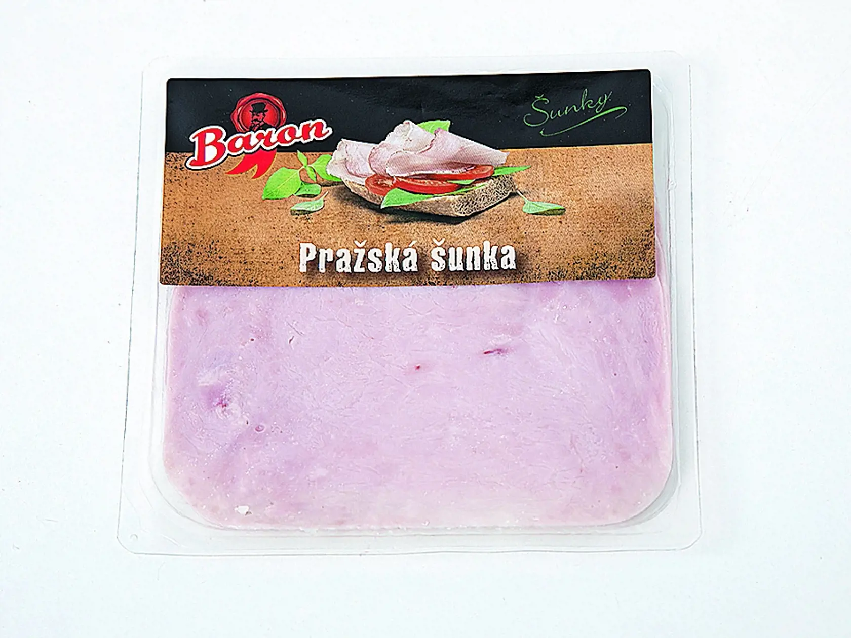 Pražská šunka Baron, 100 g Krajina pôvodu/ Slovensko Zloženie/ bravčové stehno 65 %, pitná voda, jedlá soľ, modifikovaný škrob: E 1422, dextróza, zahusťovadlo: E 407, stabilizá- tory: E 450 a 451, maltodextrín, bravčová bielkovina, antioxidant: E 300, regulátor kyslosti: E 331, kukuričný hydrolyzát, želírujúca látka: E 500, zahusťovadlo: E 417, aróma, konzervačná látka: E 250 Energia v 100 g/ 314 kJ Bielkoviny/ 12 g Sacharidy/ 4,8 g Tuky/ 0,8 g Soľ/ 2,4 g REDAKCIA HODNOTÍ: Najsvetlejšia zo štvor