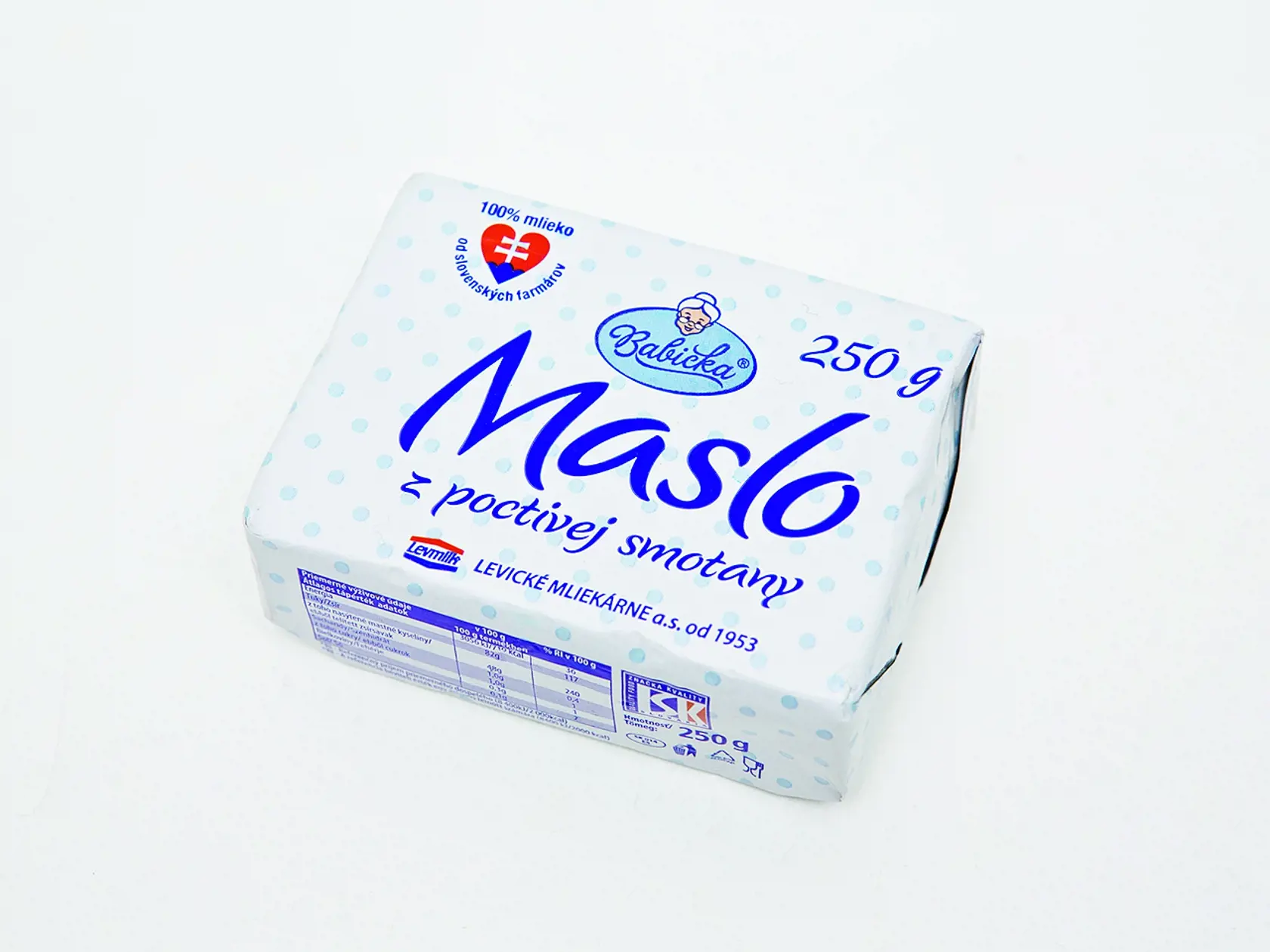 MASLO Z POCTIVEJ SMOTANY BABIČKA, 250 g
Krajina pôvodu Slovensko, obsah mliečneho tuku: 82 %. Energia v 100 g: 3 056 kJ, bielkoviny: 0,3 g, sacharidy: 1 g, tuky: 82 g a soľ: 0,1 g.
REDAKCIA HODNOTÍ: Typická maslovožltá farba a vôňa tradičného masla. Maslo má hustú konzistenciu, keď trocha zmäkne, ľahko sa roztiera. Chuťovo je výborné, mierne osolené, cítiť klasickú chuť masla s ľahkou sladkastou dochuťou plnotučnej smotany.