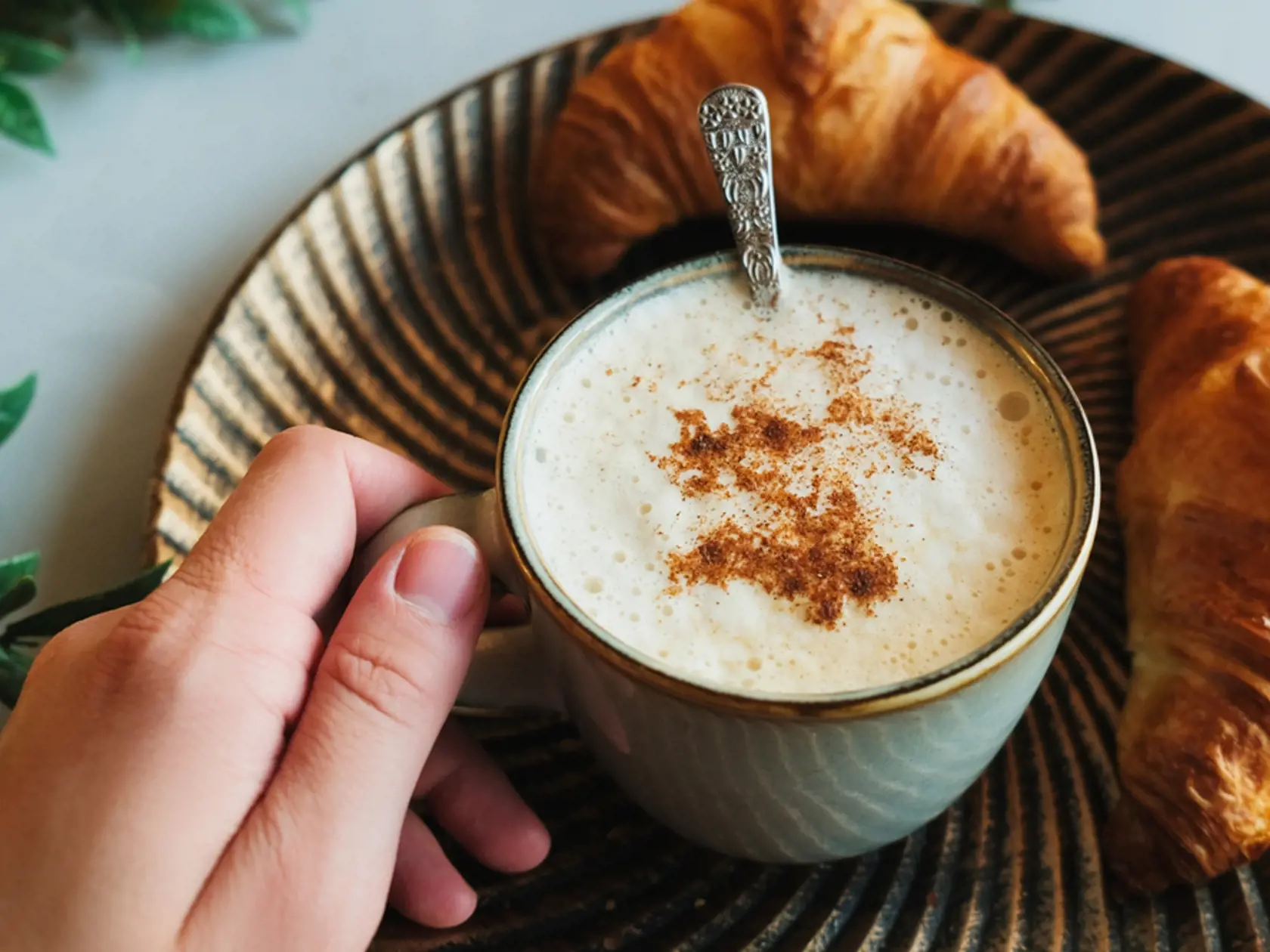 Female,Hand,Holds,Cappuccino,Coffee,Sprinkled,Cinnamon,,Fresh,Pastries,On