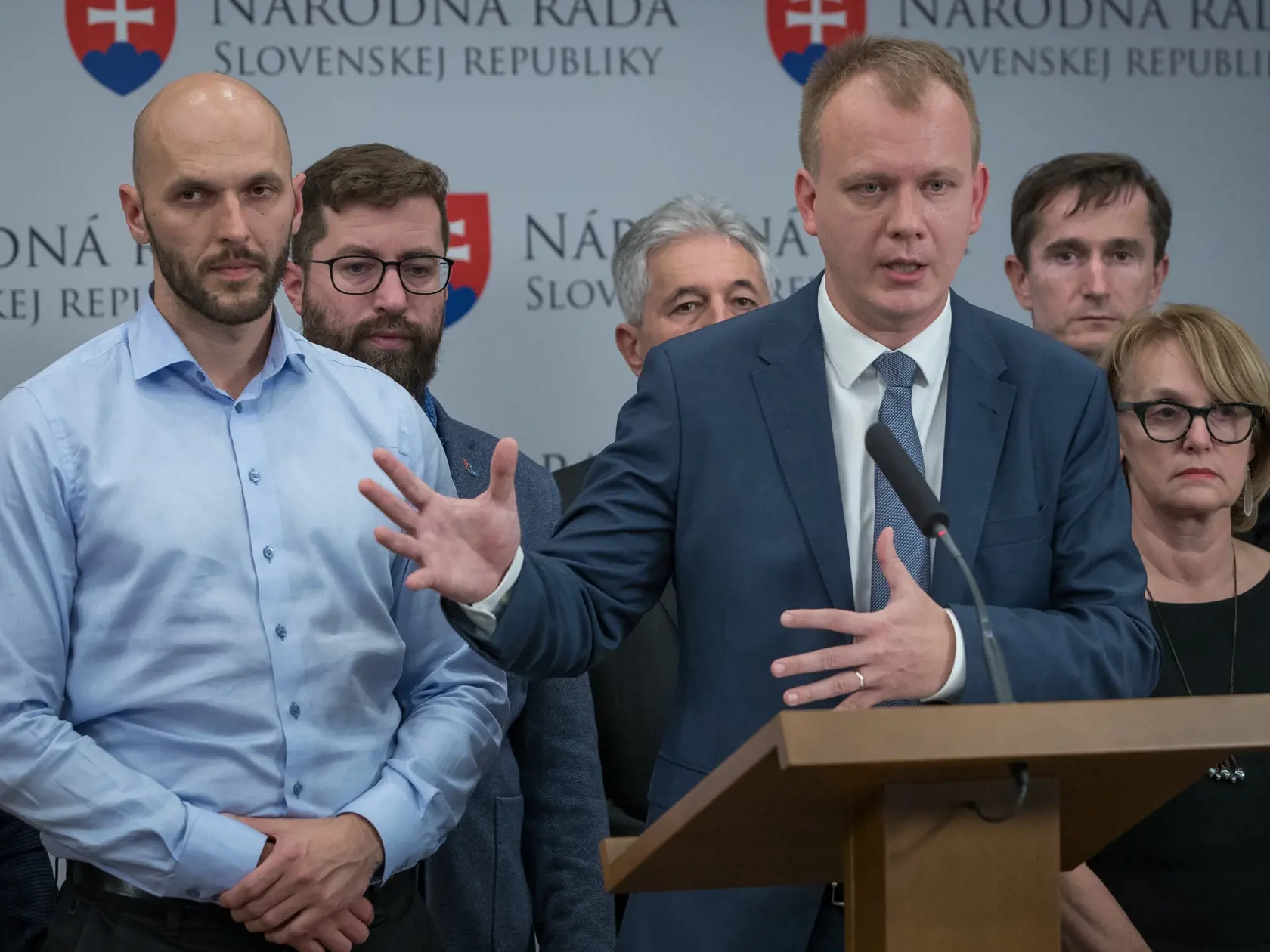 Tlačová beseda členov politickej strany Progresívne Slovensko / SPOLU k zverejnenej nahrávke spájanej s kauzou Gorila. Na snímke  je Miroslav Beblavý.