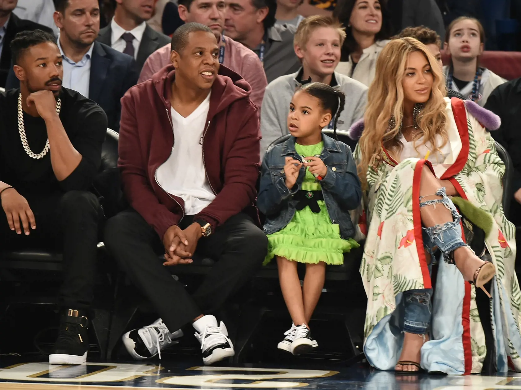 NEW ORLEANS, LA - FEBRUARY 19:  (L-R)  Michael B. Jordan, Jay Z, Blue Ivy Carter and Beyoncé Knowles attend the 66th NBA All-Star Game at Smoothie King Center on February 19, 2017 in New Orleans, Louisiana.  (Photo by Theo Wargo/Getty Images)