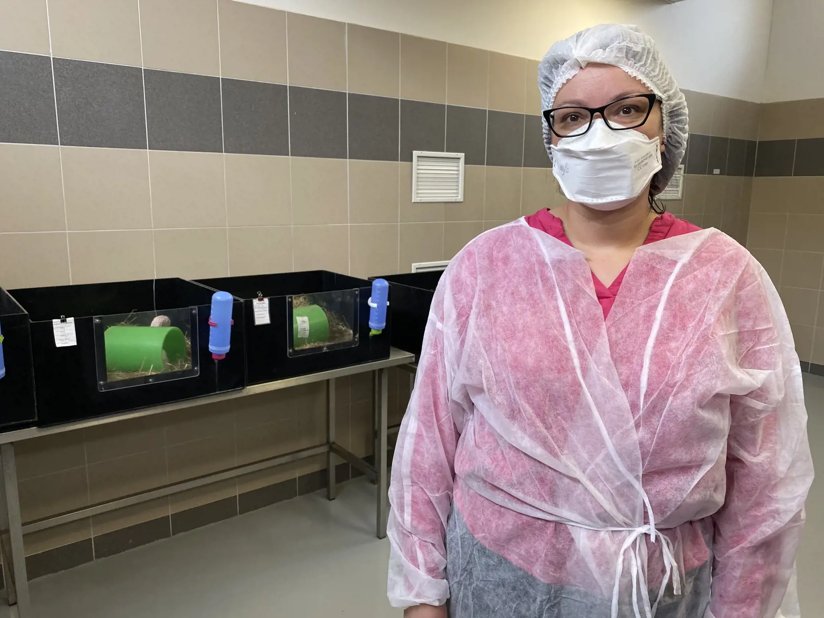 Vedúca zabezpečenia kvality v Imune Šarišské Michaľany Dominika Trošanová vo zvieratníku, v časi, kde sú umiestnené morčatá.