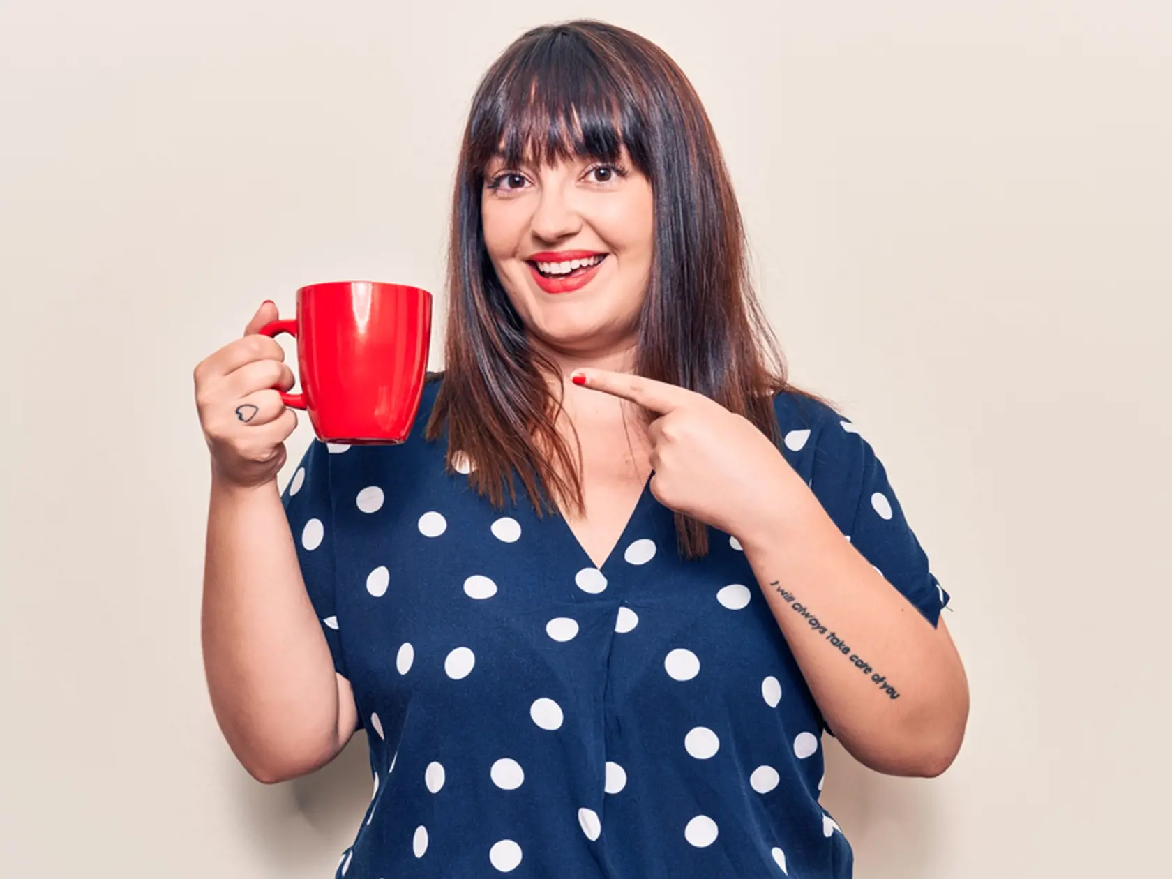 Young,Plus,Size,Woman,Holding,Coffee,Smiling,Happy,Pointing,With
