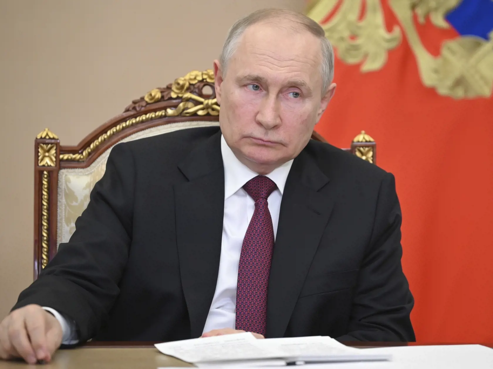 JB 41 Moskva - Ruský prezident Vladimir Putin počas zasadnutia vládneho kabinetu prostredníctvom videokonferencie v Kremli v Moskve 19. júla 2023. FOTO TASR/AP

Russian President Vladimir Putin attends a cabinet meeting via video conference, at the Kremlin in Moscow, Russia, Wednesday, July 19, 2023. (Alexander Kazakov, Sputnik, Kremlin Pool Photo via AP)