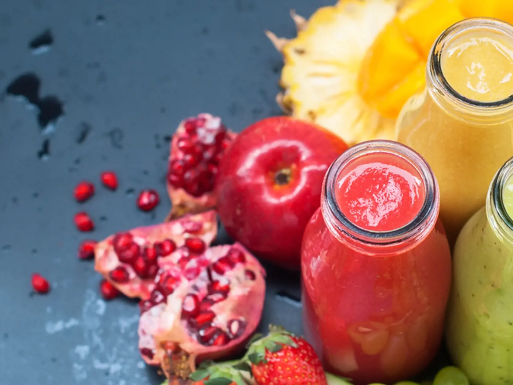 Fresh,Juices,Smoothie,Three,Bottles,Red,Green,Orange,Tropical,Fruits