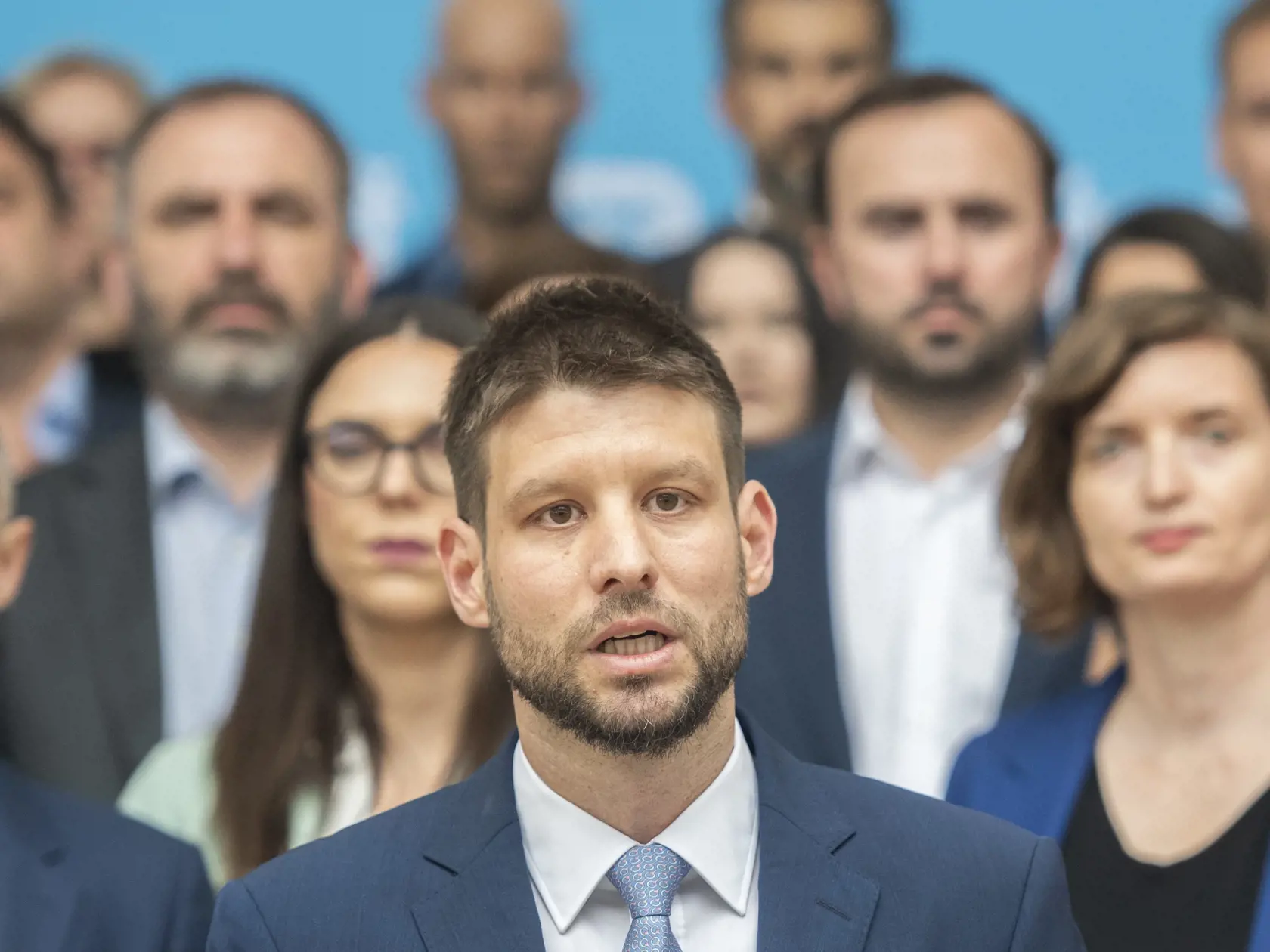 Na snímke predseda hnutia Progresívne Slovensko (PS) Michal Šimečka počas tlačovej konferencie na tému "predstavenie kandidátky PS - tím pre lepšiu budúcnosť Slovenska" 27. júna 2023 v Bratislave. FOTO TASR - Martin Baumann