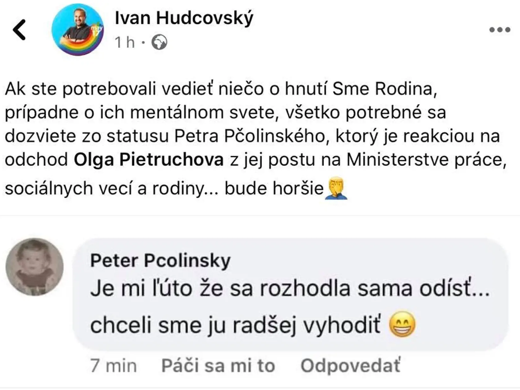 Peter Pčolinský o odchode Oľgy Pietruchovej na sociálnej sieti.