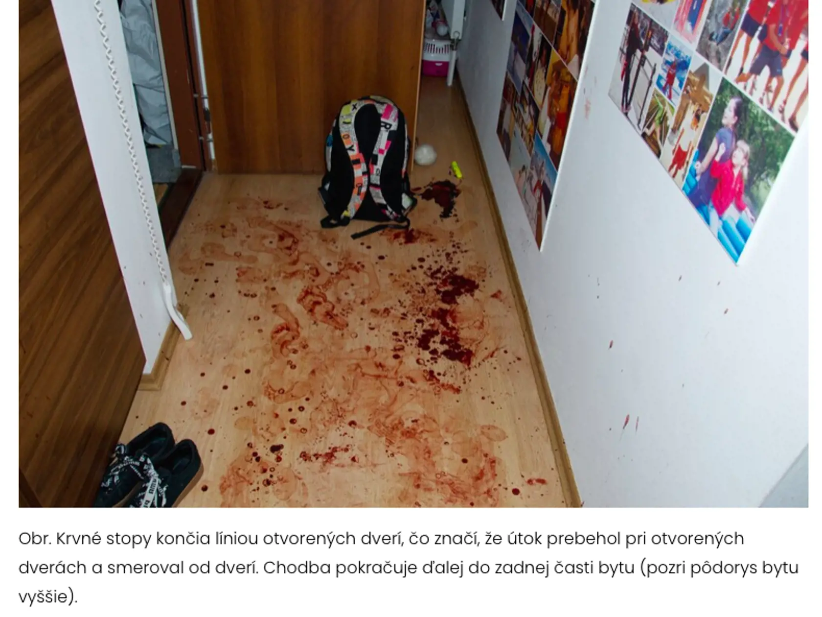 Krvné stopy končia pri vchodových dverách, útok prebehol na chodbe, blízko dverí.