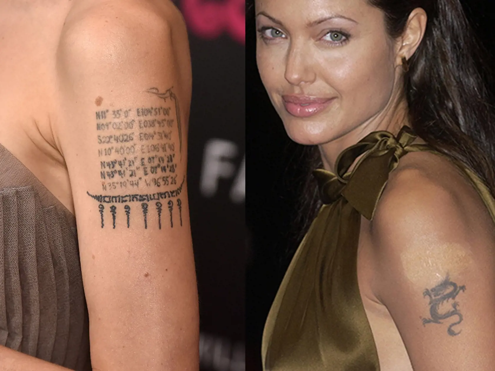 Ľavé rameno: Na ramene má Angelina výrazné tetovanie. Kedysi tam bolo meno jej bývalého muža Billyho Boba Thorntona spolu s drakom, dnes tam má súradnice miest narodenia svojich detí. Je ich šesť a siedme súradnice sú miestom rodiska Brada Pitta, jej ďalšieho bývalého muža. 
