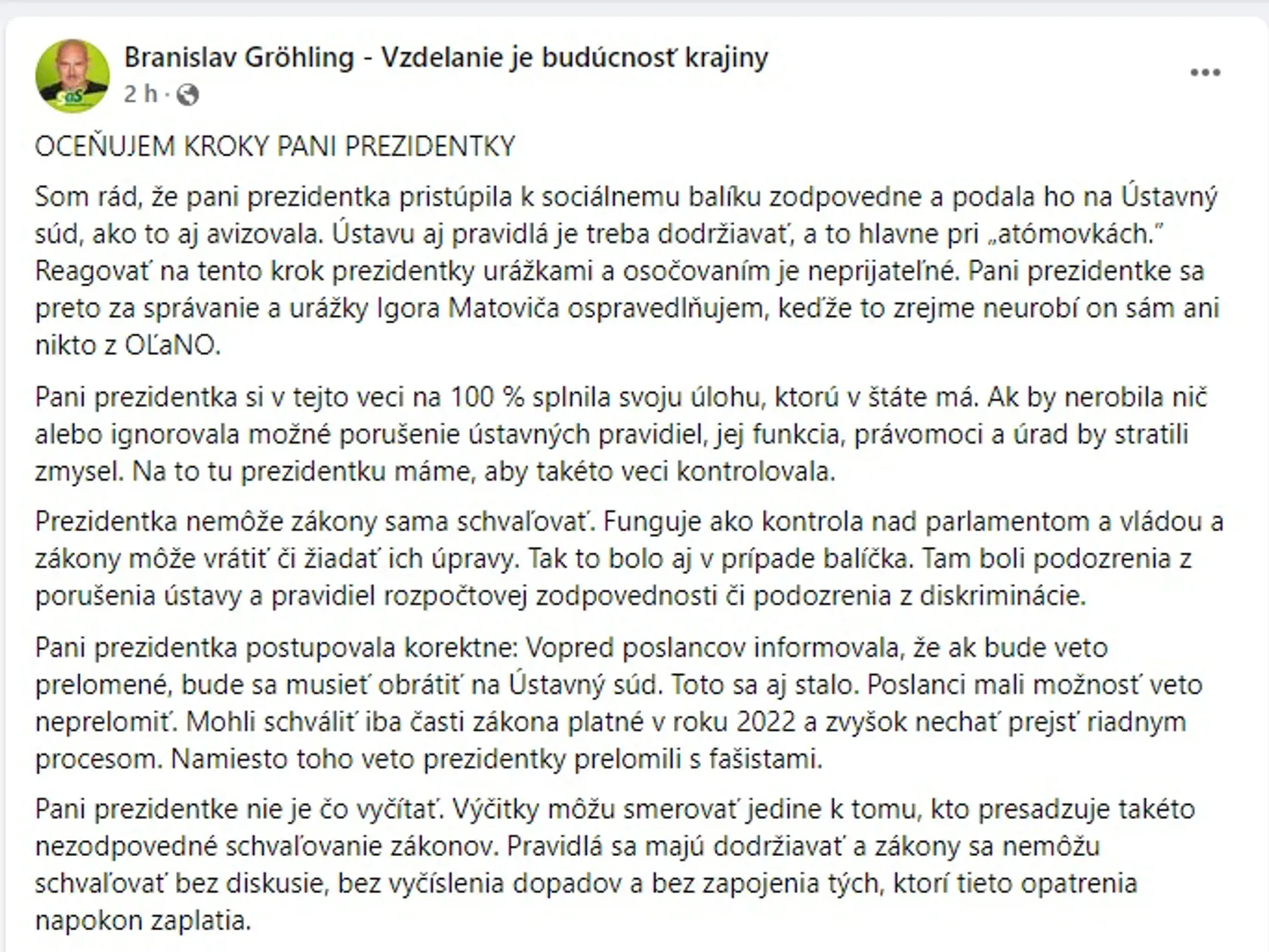 Prezidentka Zuzana Čaputová poslala protiinflačný balíček na Ústavný súd. Minister financií Igor Matovič (OĽANO) ju za to osočil. Minister školstva Branislav Gröhling (SaS) sa za neho ospravedlnil.