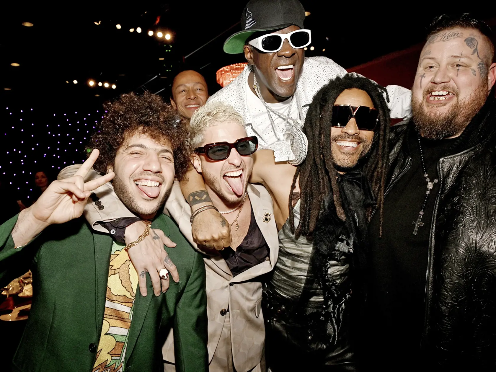 LOS ANGELES, CALIFORNIA - FEBRUARY 03: (L-R) Benny Blanco, Andrew Watt, Flavor Flav, Lenny Kravitz and Jelly Roll attend the Pre-GRAMMY Gala & GRAMMY Salute to Industry Icons Honoring Jon Platt at The Beverly Hilton on February 03, 2024 in Los Angeles, California. (Photo by Lester Cohen/Getty Images for The Recording Academy)