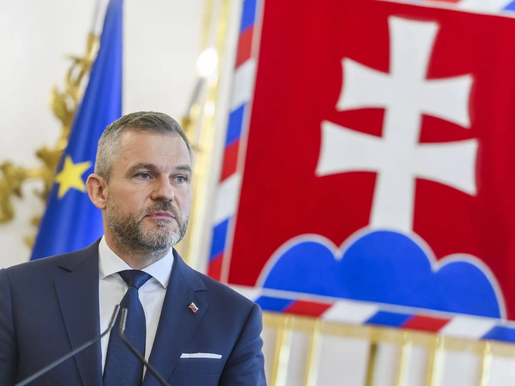 Na snímke novozvolený prezident SR Peter Pellegrini počas vyhlásenia s prezidentkou SR Zuzanou Čaputovou k atentátu na premiéra SR Roberta Fica (Smer-SD) v Bratislave 16. mája 2024. FOTO TASR - Jaroslav Novák