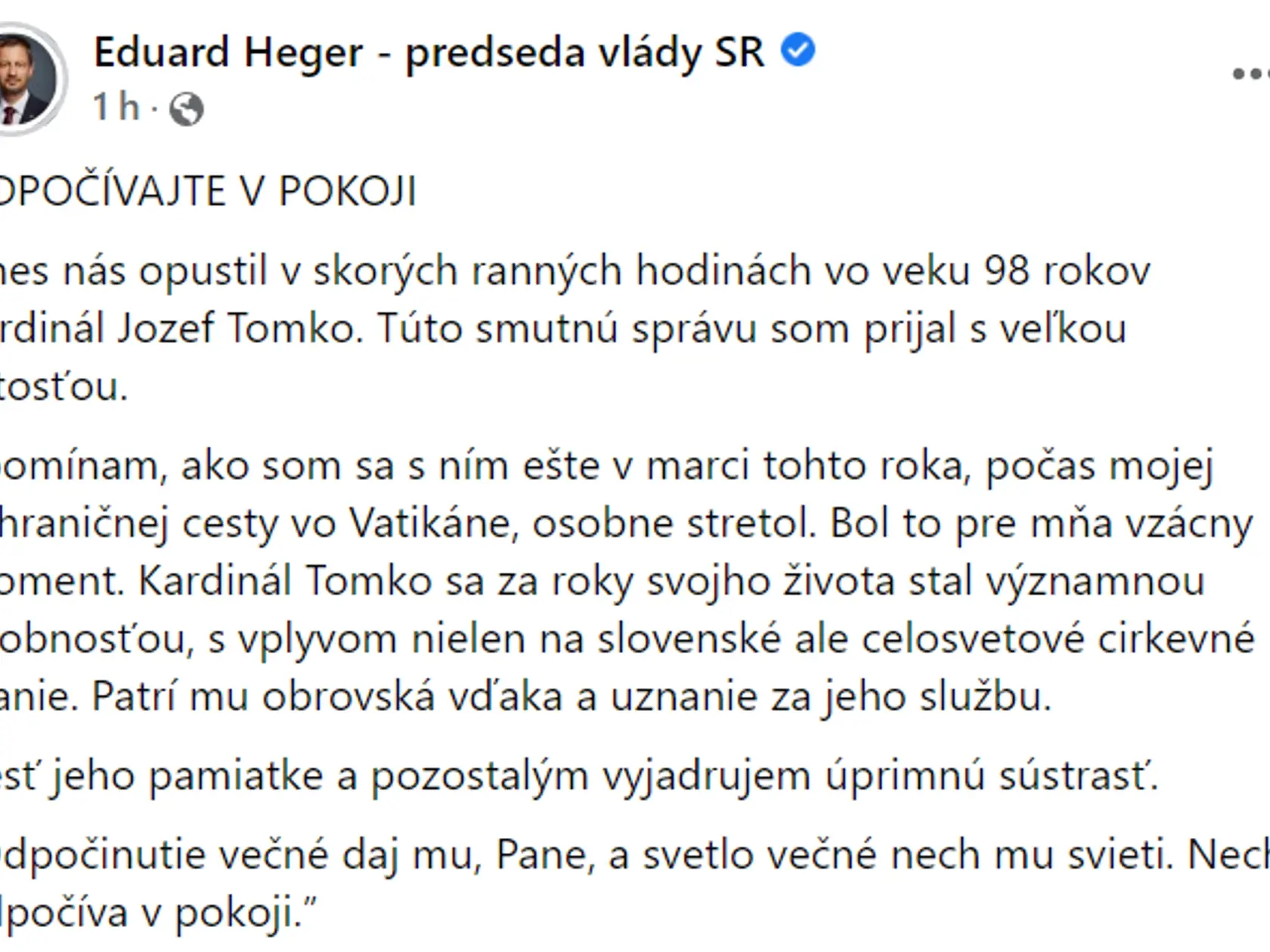Eduard Heger reagoval na úmrtie slovenského kardinála Jozefa Tomka.