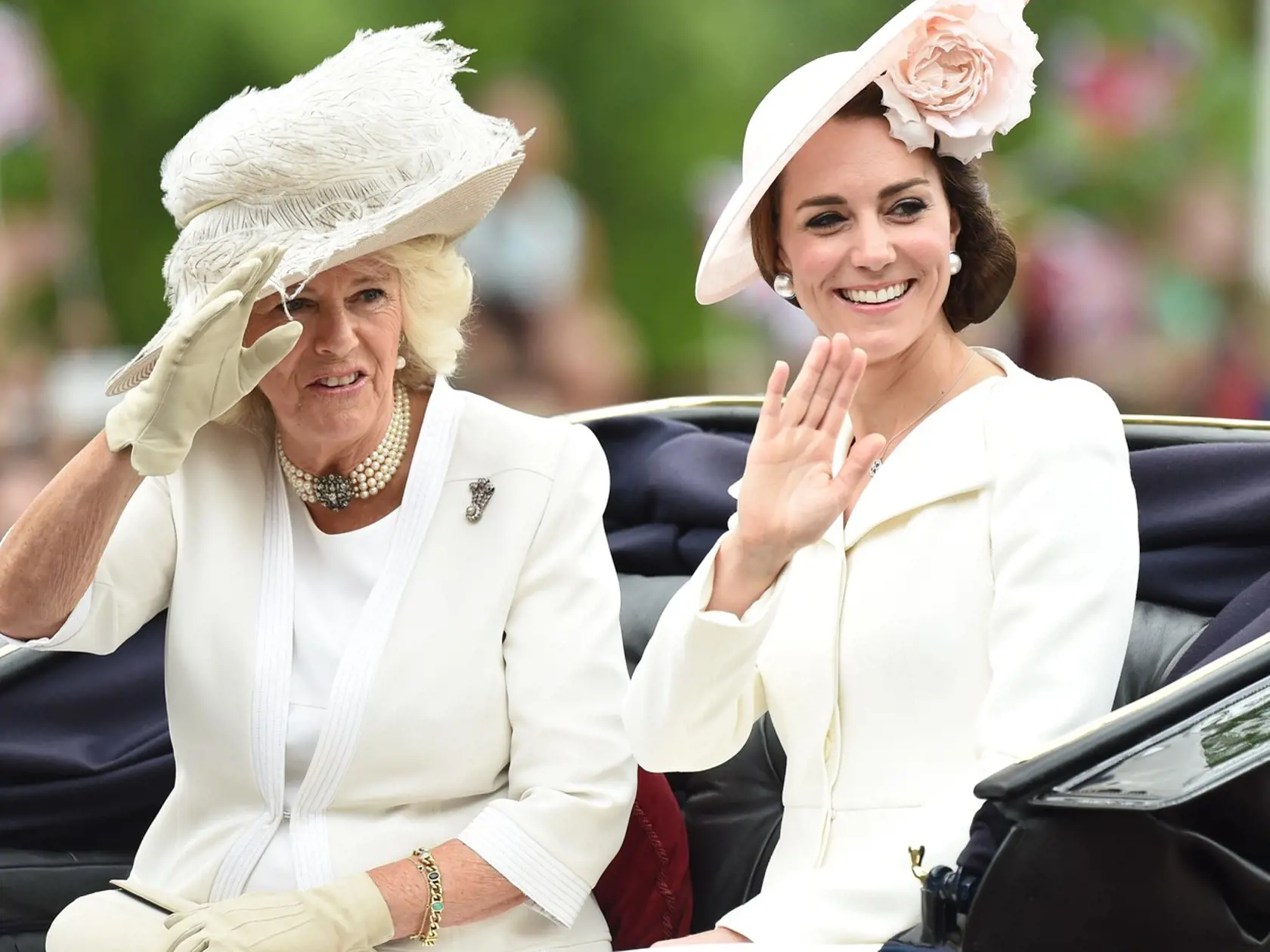 11 June 2016.  Trooping the Colour, as The Queen marks her official birthday by carrying out an inspection of her troops from the household division March in Whitehall, before watching a fly-past from the balcony at Buckingham Palace. Pictured: Catherine The Duchess of Cambridge and Camilla The Duchess of Cornwall, Image: 289836671, License: Rights-managed, Restrictions: , Model Release: no, Credit line: Profimedia, Goff Photos