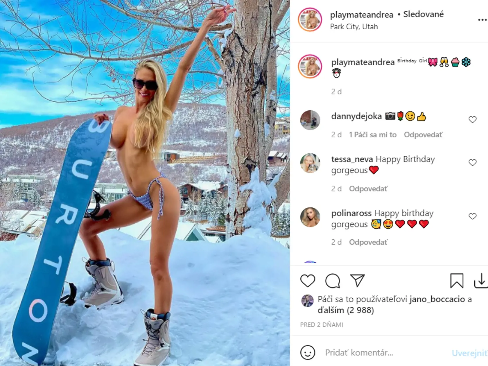Andrea Járová sa pochválila odvážnym záberom. Na snowboard "sa vybrala" hore bez. To muselo byť riadne potešenie pre mužské oko.