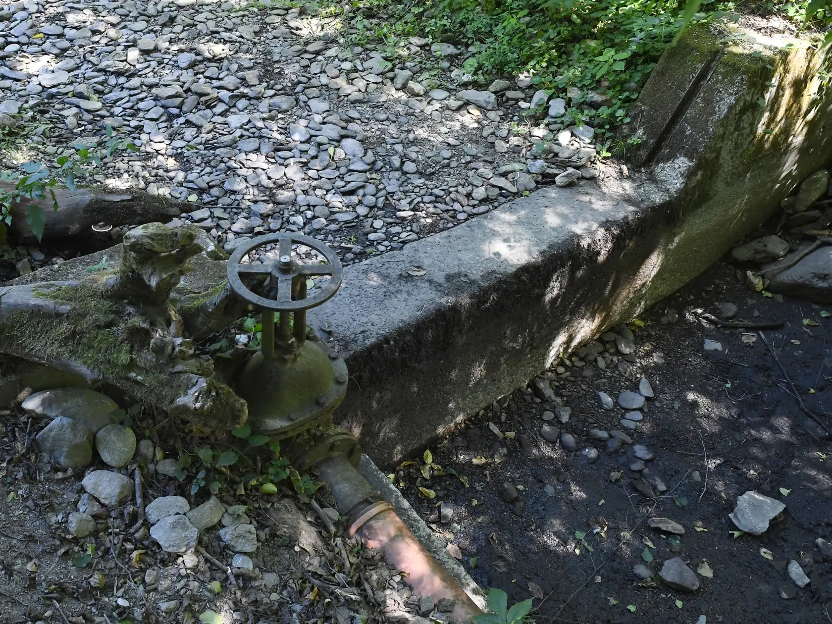 Mimoriadna situácia s nedostatkom vody je v obci Pača, okres Rožňava. Dôsledkom nedostatku zrážok vyschol potok, miestny zdroj vody. V súčasnosti obec zabezpečuje vodu prostredníctvom cisterien, z ktorých sa voda čerpá do vodojemu nad obcou. Okrem vodární im vodu nosia aj dobrovoľní hasiči z obce Plešivec. Na snímke vyschnutý potok nad obcou Pača, okres Rožňava, na mieste odberu vody do vodojemu v piatok 12. augusta 2022. FOTO TASR - Milan Kapusta
