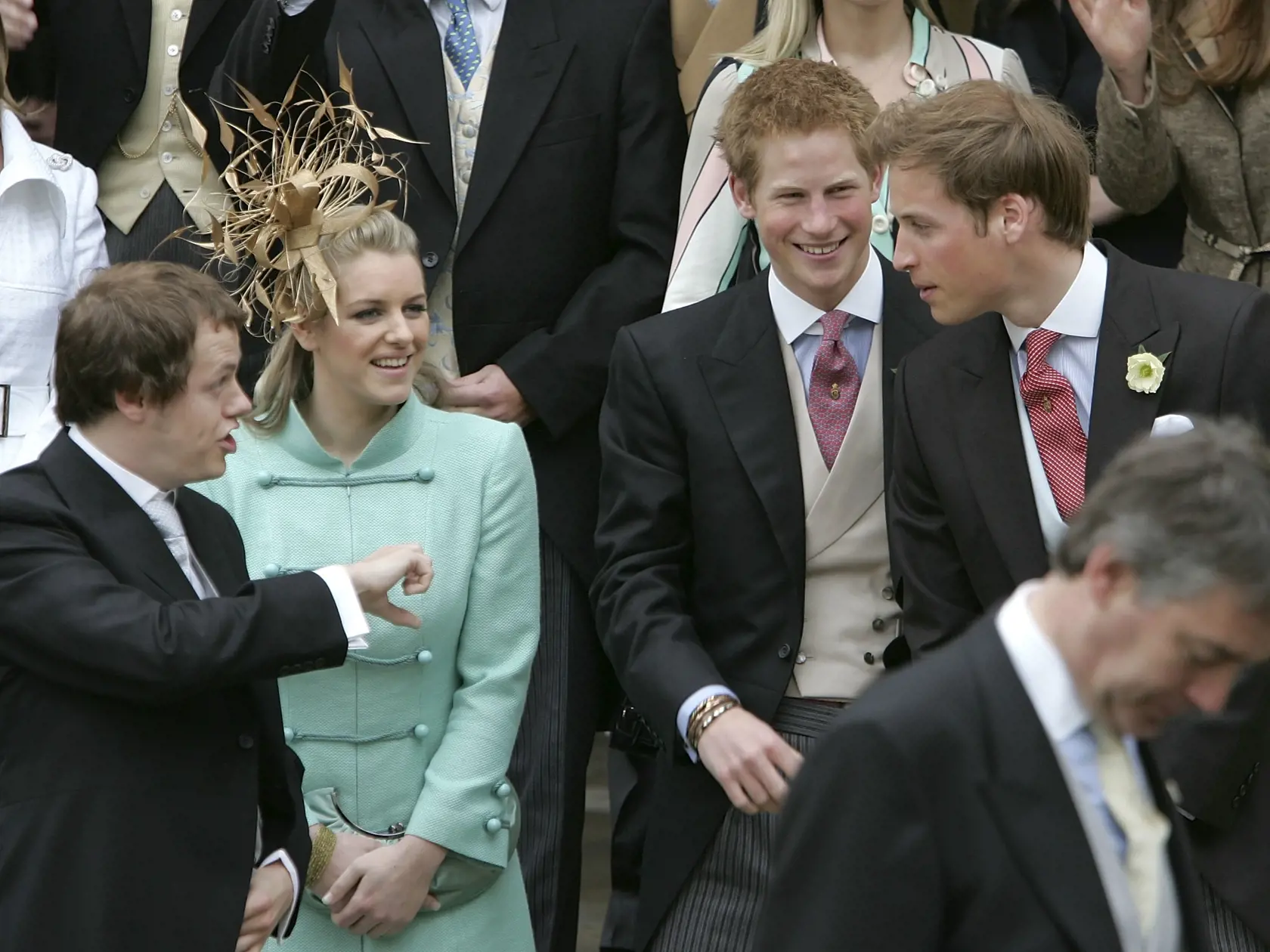 WINDSOR, UNITED KINGDOM - APRIL 09:  (L-R) Tom Parker Bowles, Laura Parker Bowles, Prince Harry and Prince William depart the Civil Ceremony following the marriage between HRH Prince Charles & Mrs Camilla Parker Bowles, at The Guildhall, Windsor on April 9, 2005 in Berkshire, England.  (Photo by Georges De Keerle/Getty Images)