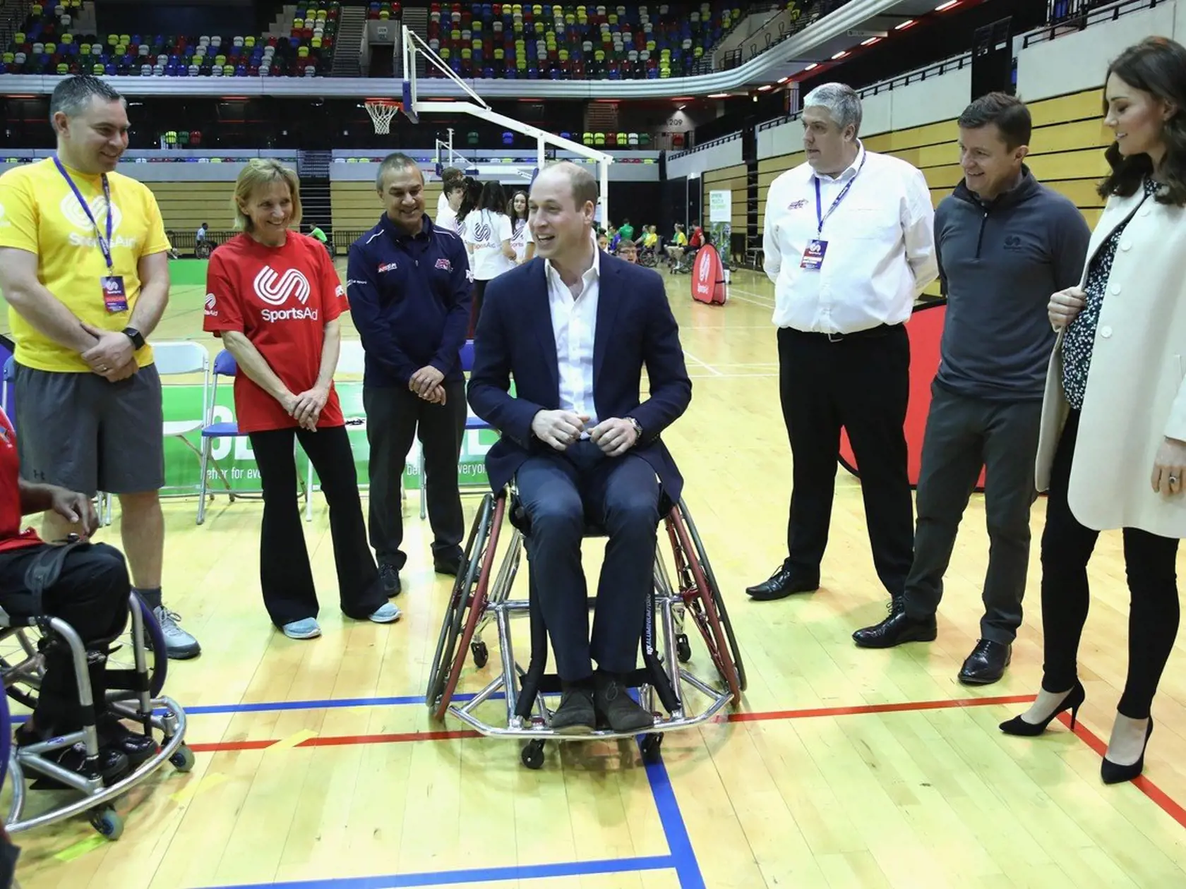Image licensed to i-Images / Polaris) Picture Agency. 22/03/2018. London, United Kingdom. Prince William, Duke of Cambridge and Catherine, Duchess of Cambridge meet wheelchair basketball players, some of whom hope to compete in the 2022 Commonwealth Games in Birmingham, during their visit to the Copperbox Arena in London, Image: 366674700, License: Rights-managed, Restrictions: No publication in Australia, France, Italy, Spain, New Zealand and the United Kingdom, Model Release: no, Credit line: