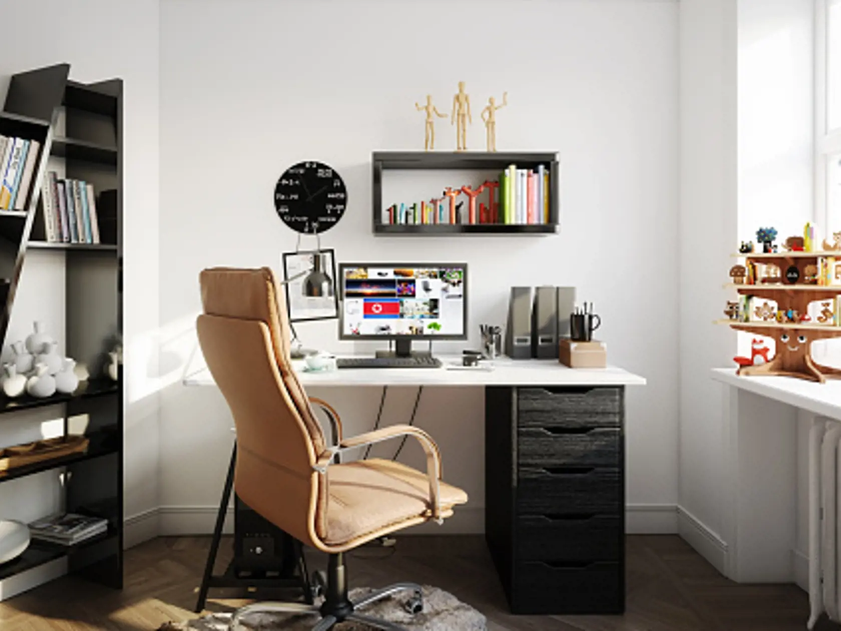Digitally generated Scandinavian home office interior design.

The scene was rendered with photorealistic shaders and lighting in Autodesk® 3ds Max 2016 with V-Ray 3.6 with some post-production added.