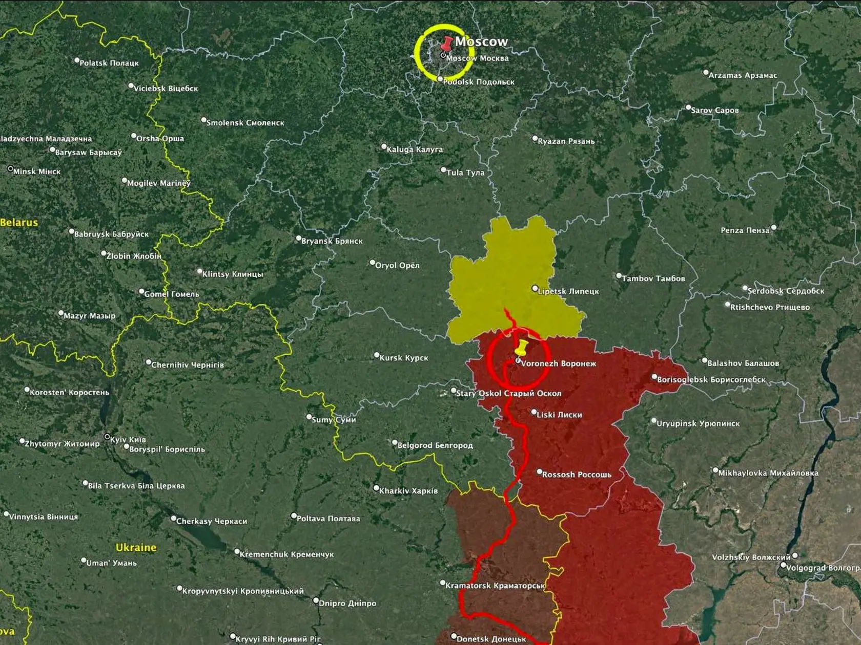 Mapa znázorňujúca postup Vagnerovcov smerom k Moskve.