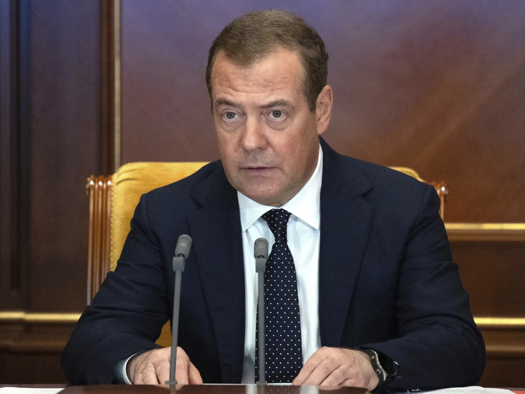 Podpredseda Rady bezpečnosti Ruskej federácie a šéf strany Jednotné Rusko Dmitrij Medvedev rozpráva počas stretnutia v rezidencii Gorkij pri Moskve 3. augusta 2023.