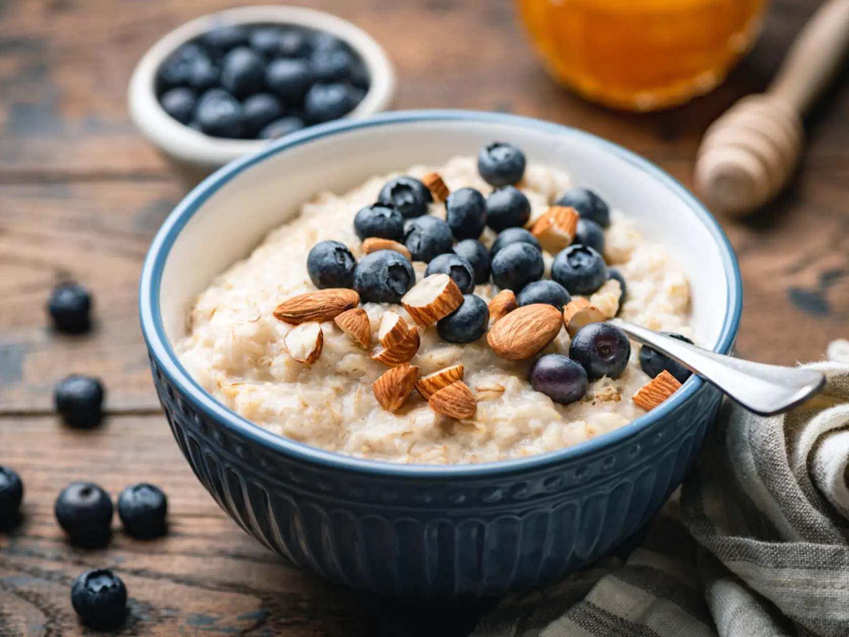 Oatmeal,Porridge,With,Blueberries,,Almonds,In,Bowl,On,Wooden,Table