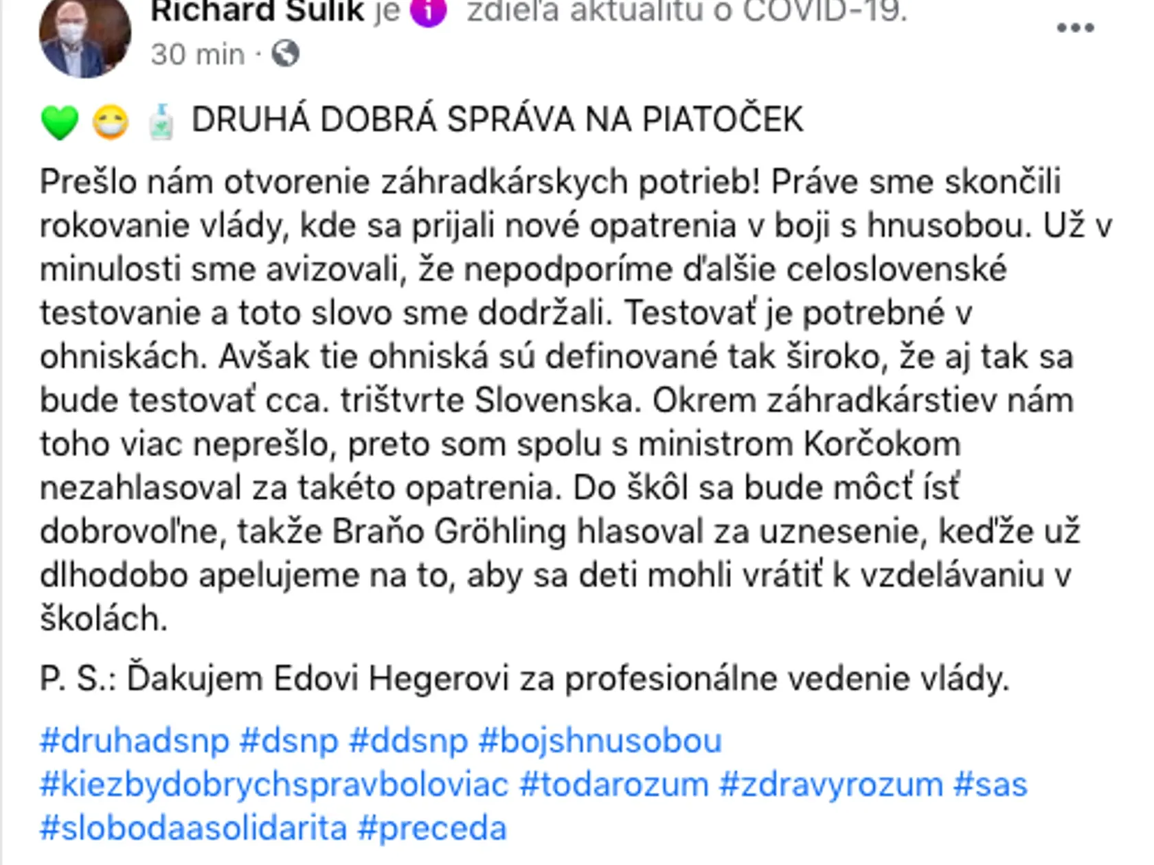 Richard Sulík sa úspechom na rokovaní vlády pochválil na sociálej sieti.