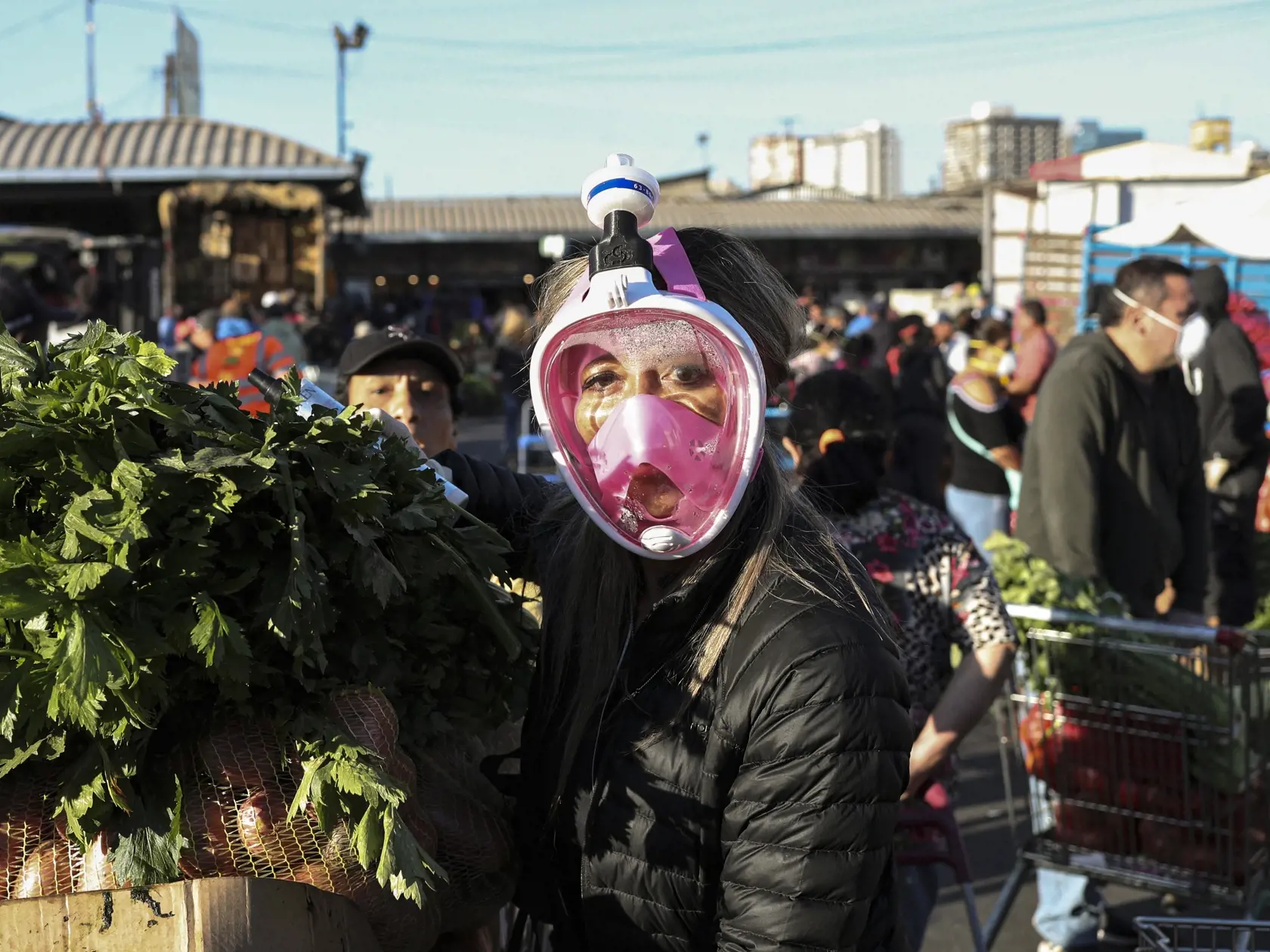 WA 43 Santiago - Zákazníčka má na tvári masku na šnorchlovanie počas nákupu na trhu v čilskej metropole Santiago 2. apríla 2020. FOTO TASR/AP 

A shopper uses a snorkel mask as a precaution against the spread of the new coronavirus a she shops at La Vega market in Santiago, Chile, Thursday, April 2, 2020. (AP Photo/Esteban Felix)