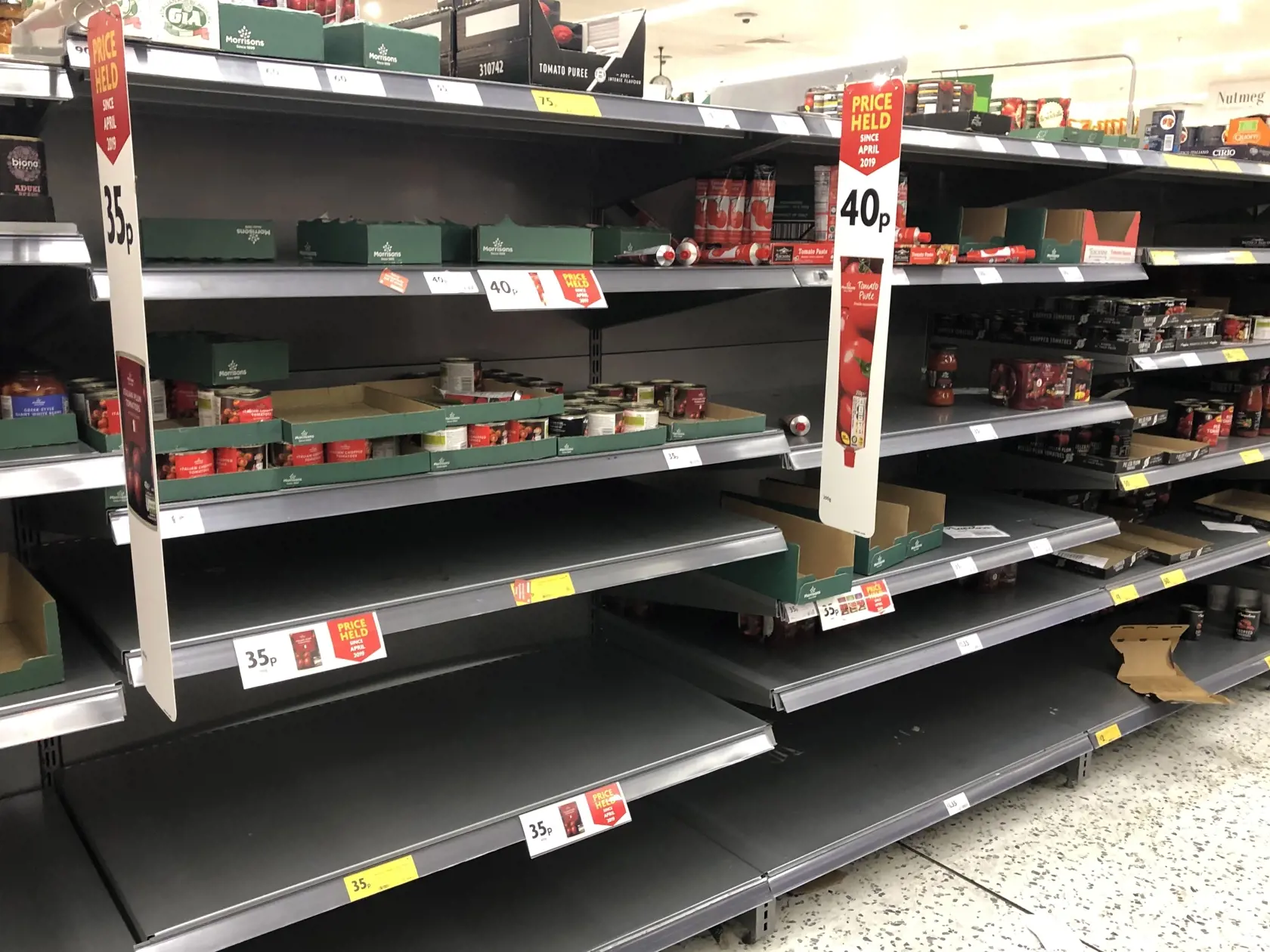 LONDON, UNITED KINGDOM - MARCH 16, 2020: Empty shelves in a store in London as shoppers stockpile tinned food and basic consumer goods for fears of a potential quarantine due to an outbreak of the novel coronavirus (COVID-19). Ilya Dmitryachev/TASS (Photo by Ilya Dmitryachev\TASS via Getty Images)