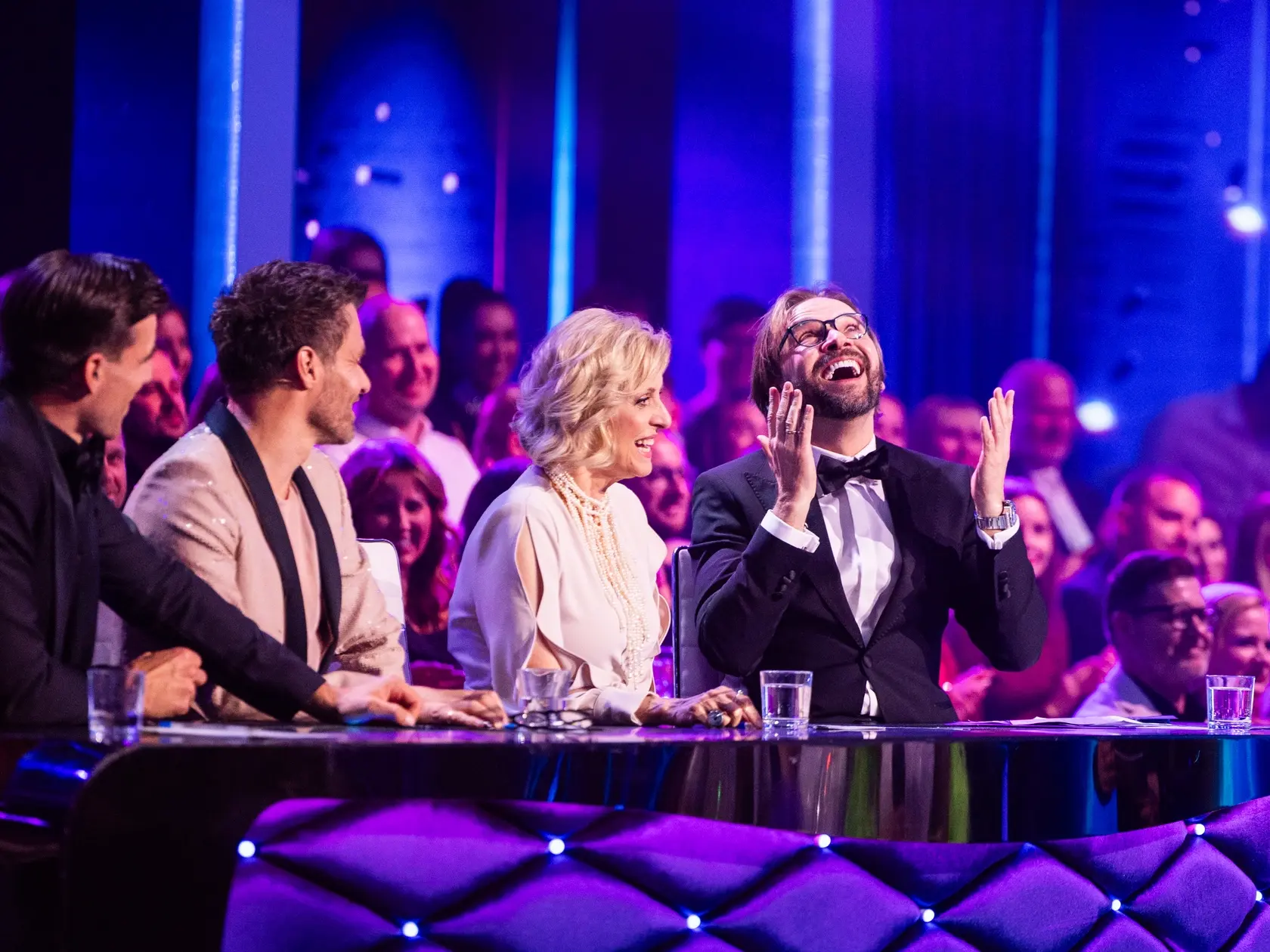Porota Ján Ďurovčík, Tatiana Drexler, Adam Bardy a Leoš Mareš počas deviateho kola Let's dance 2025.