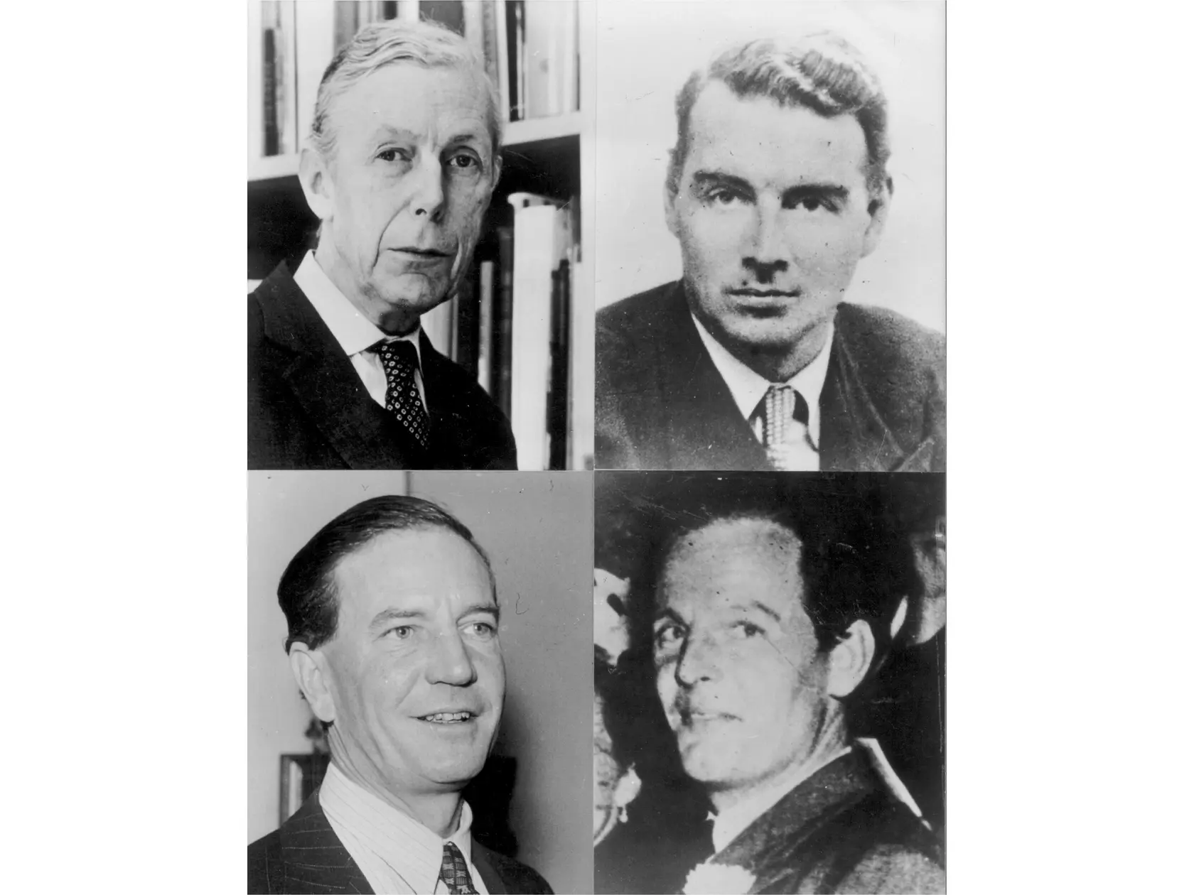 Na archívnej snímke členovia  Cambridgeskej päťky, zľava hore Anthony Blunt, Guy Burgess (ktorý zomrel v Moskve v roku 1963), Donald MacLean a Kim Philby, ktorý v roku 1951 donútil Burgessa a MacLeana zbehnúť a v roku 1963 zbehol sám.