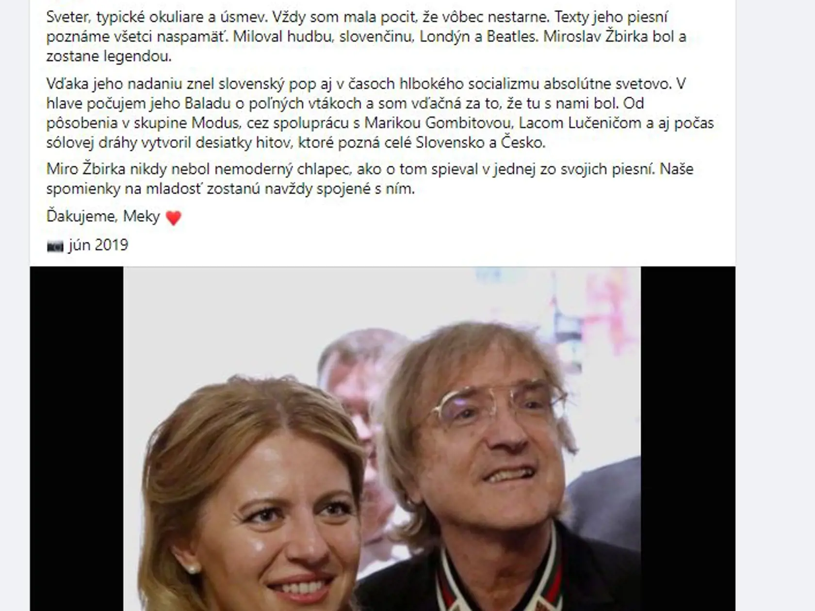 Za legendou smúti aj prezidentka SR Zuzana Čaputová.