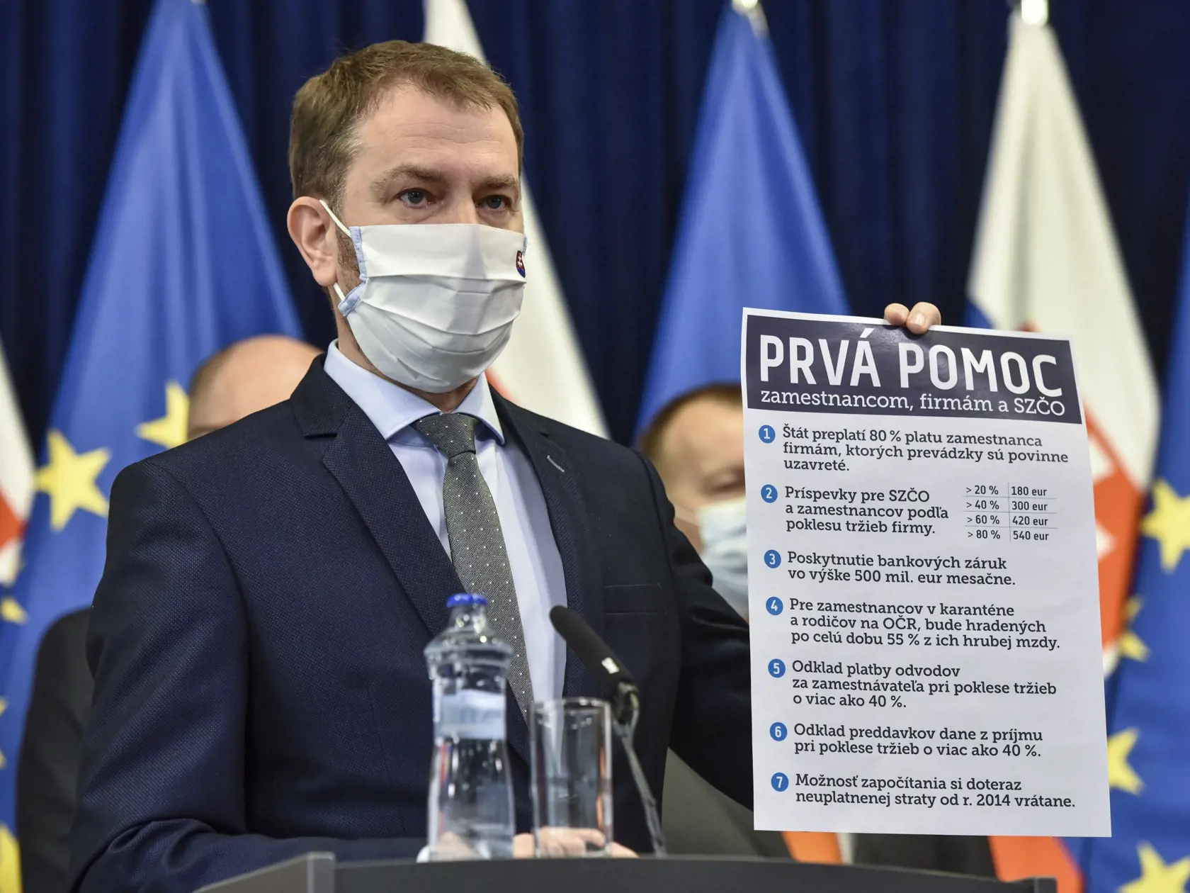 Na snímke predseda vlády SR Igor Matovič predstavuje tzv. prvú pomoc zamestnancom, živnostníkom a firmám počas tlačovej konferencie vlády o ekonomických opatreniach 29. marca 2020 v Bratislave. FOTO TASR - Pavol Zachar